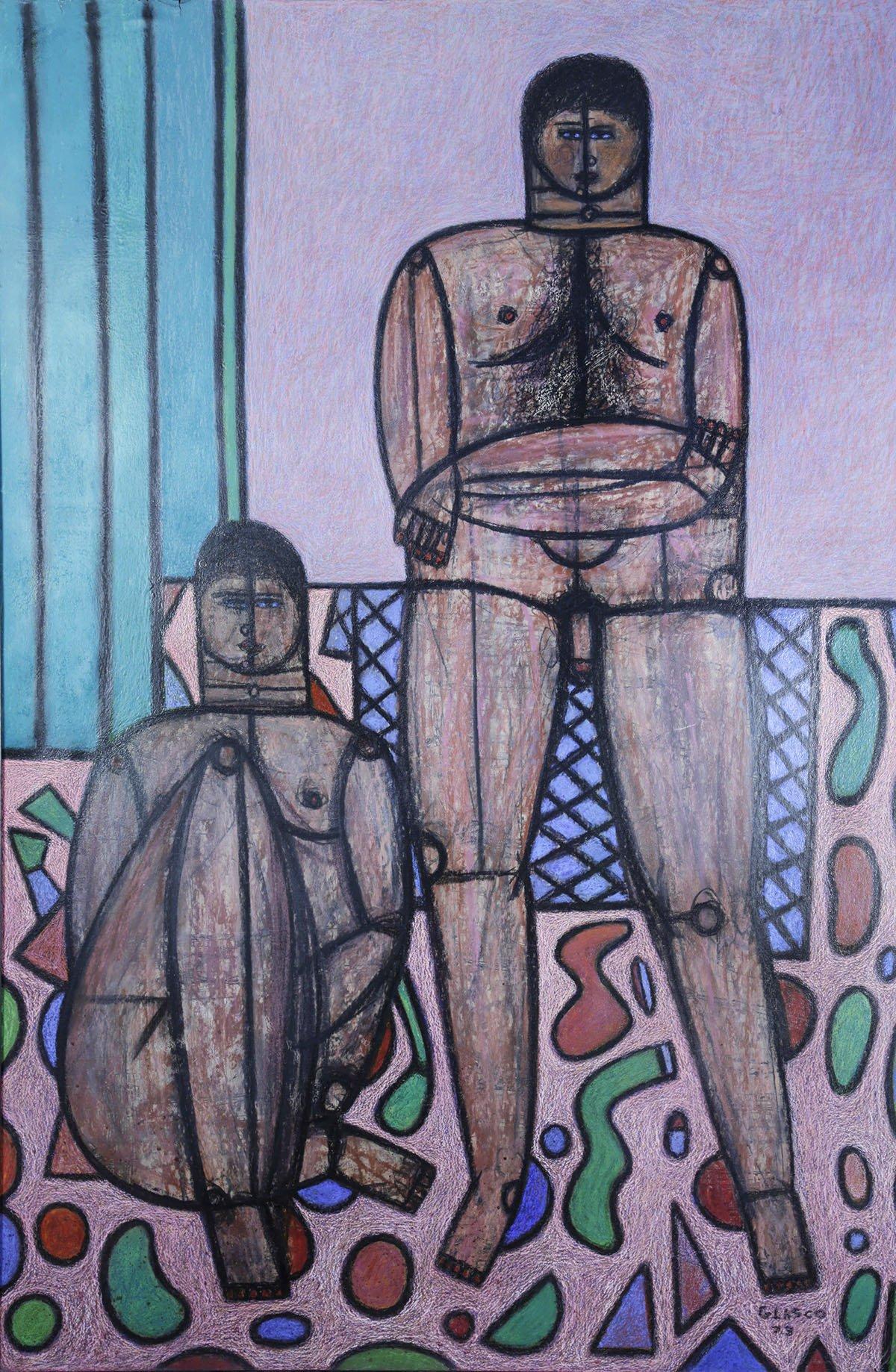 The Studio, large 20th century figural pastel painting, pink tones  - Painting by Joseph Glasco