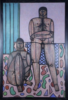 The Studio, large 20th century figural pastel painting, pink tones 