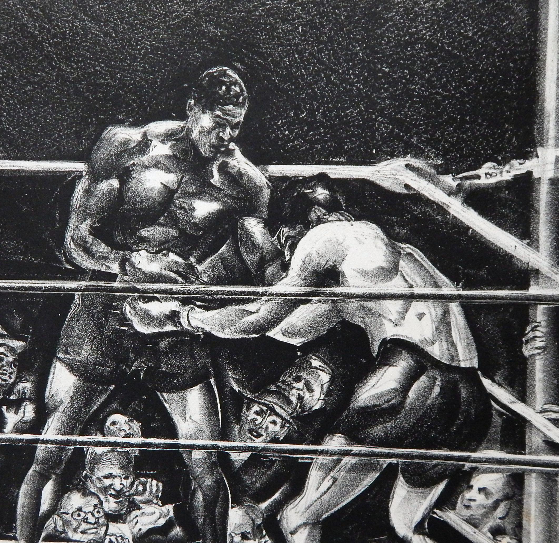 This is an original lithograph by Chicago/New York artist and illustrator Joseph Webster Golinkin (1896-1977). This print is no. 12 of the edition of 50.
The print depicts the Joe Louis vs Max Baer boxing match which took place on September 24,