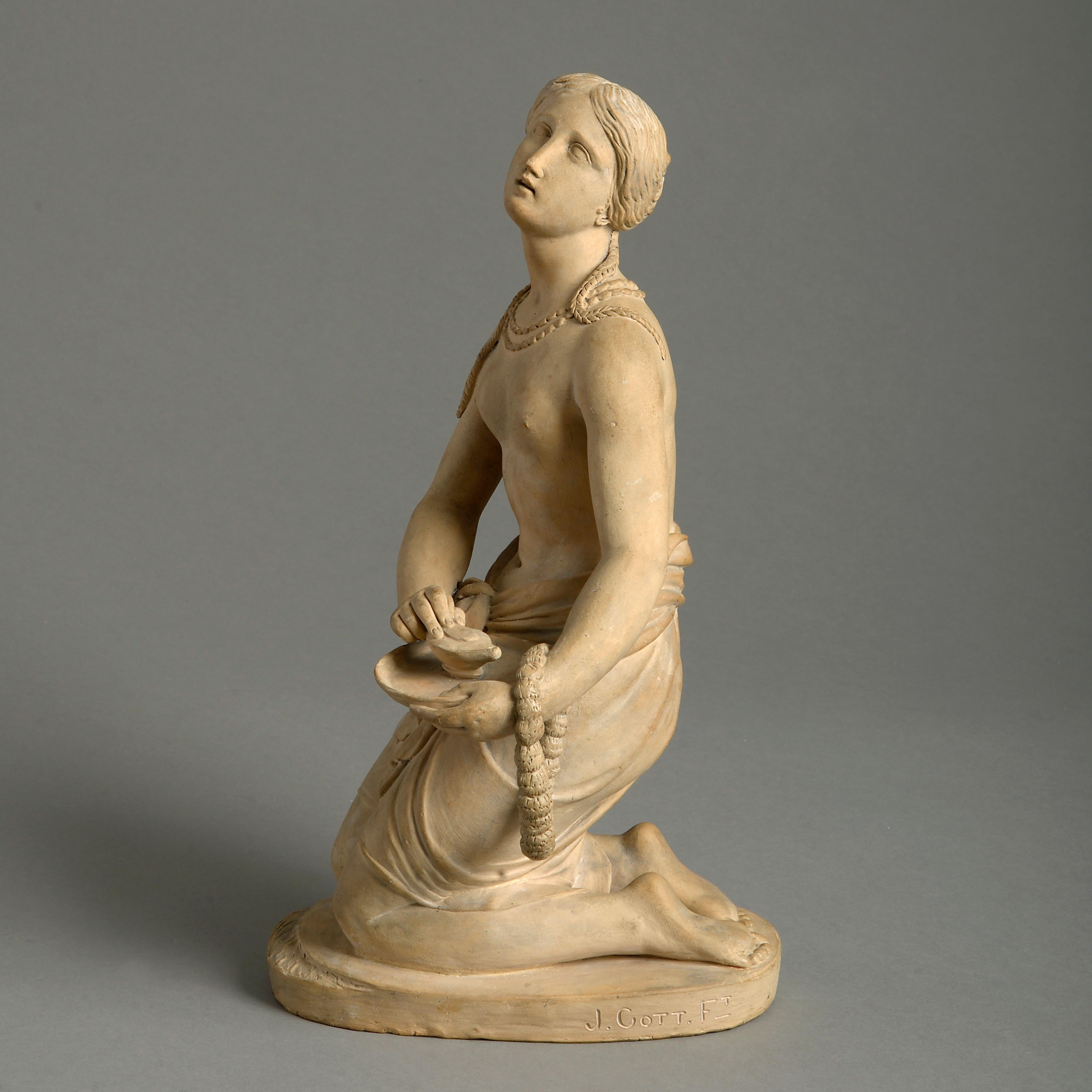 Joseph Gott (1785-1860)
'A Hindu Woman Placing a Lamp on the Ganges’

Terracotta

Measures: 13.5in. (34cm) high

This terracotta figure is a finished study for the marble version, sold Christie’s, London, 28 September 1989. The marble was