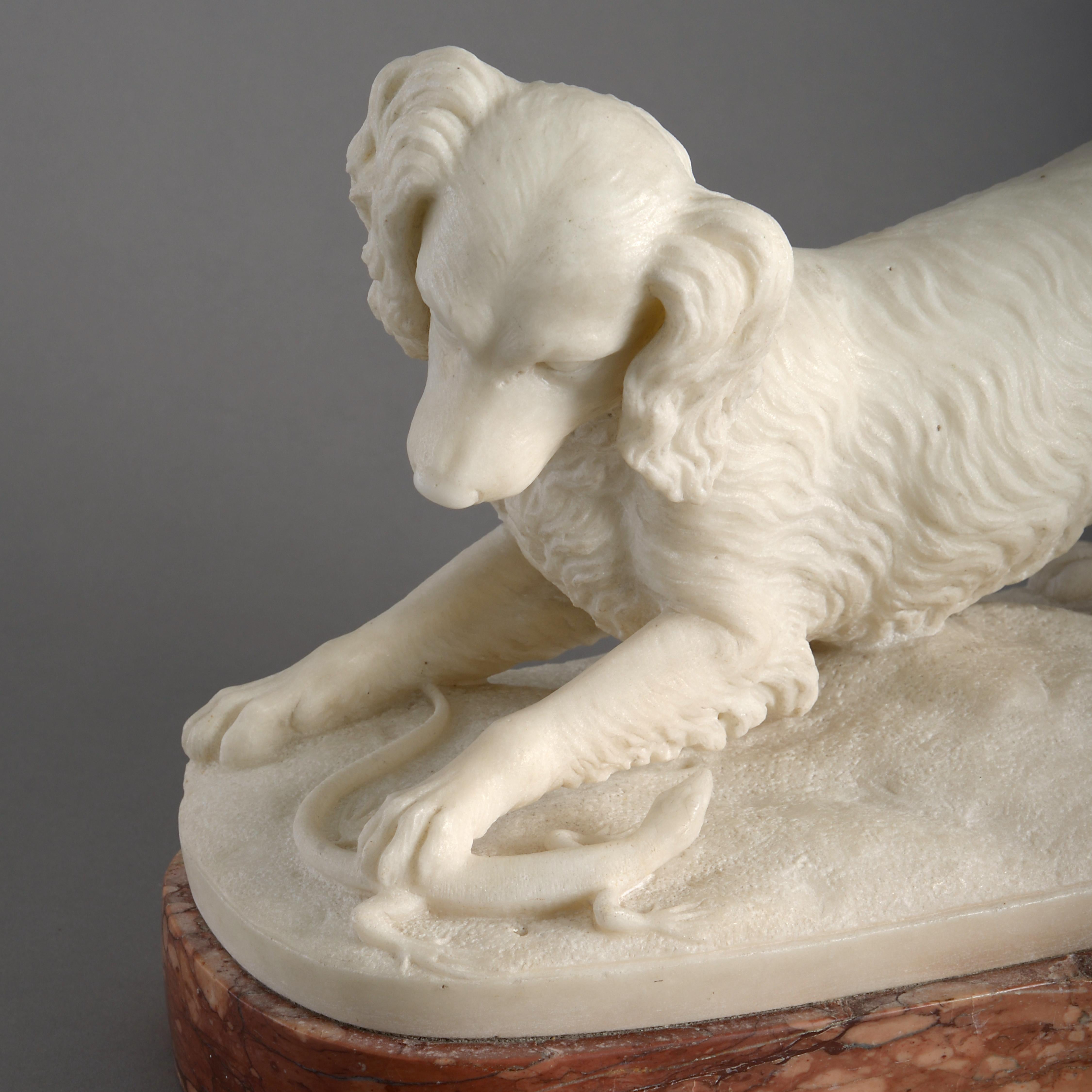 A Spaniel Pouncing on a Lizard.
Statuary marble on a Rouge de Languedoc base.
Signed ‘J. GOTT Ft’.