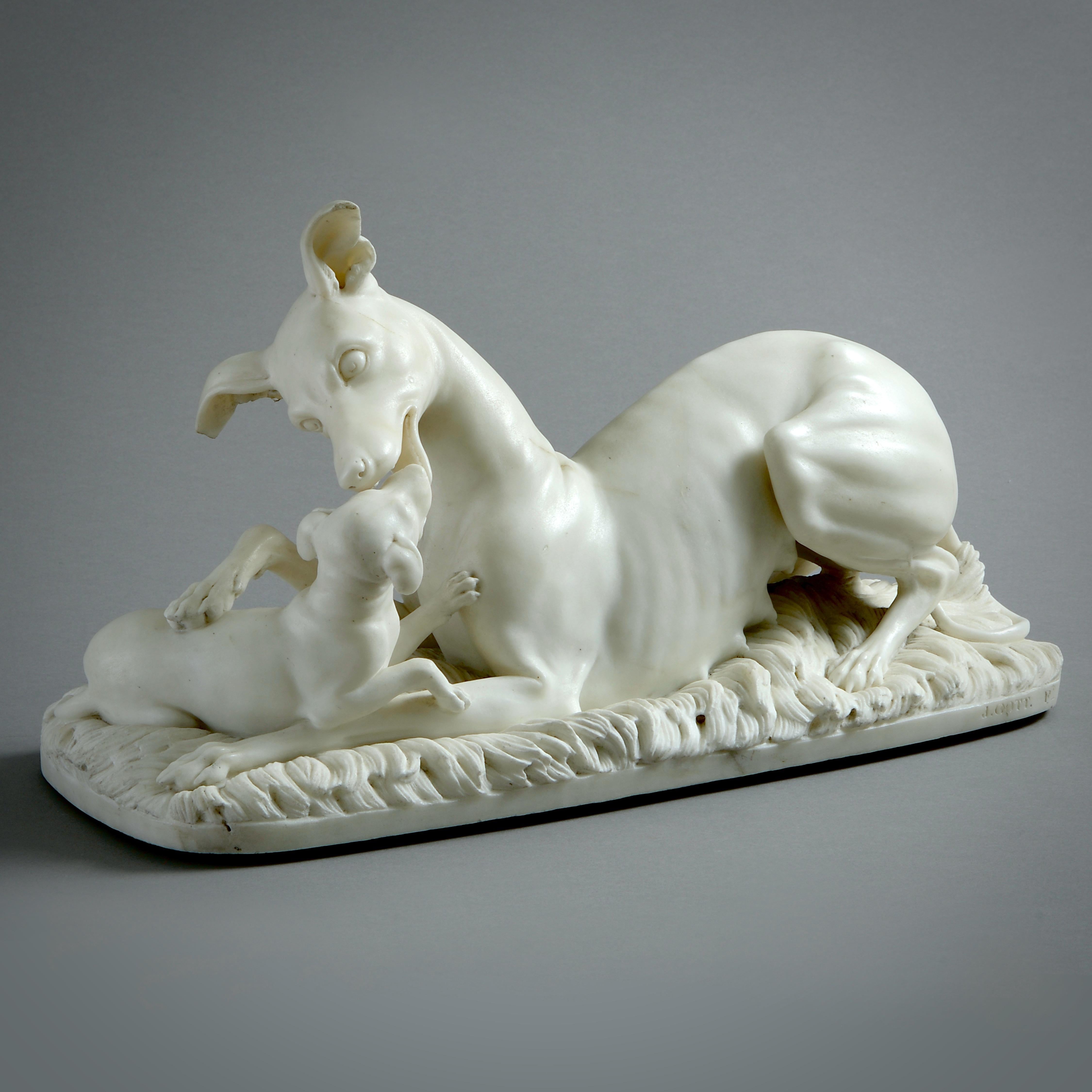 JOSEPH GOTT R.A. (LEEDS 1786 - ROMA 1860)

Una cagna di razza grigia con il suo cucciolo, firmata J. Gott Ft.

Marmo statuario.

Scrivendo nella sua Guida agli Studi di Roma, pubblicata nell'anno della morte di Gott, F. S. Bonfigli ha notato che: