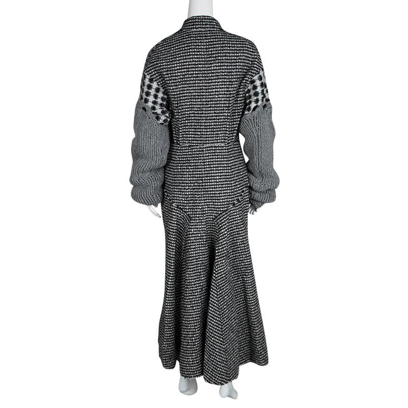 Black Joseph Grey Check Jersey and Jacquard Wool Al Maxi Overcoat L