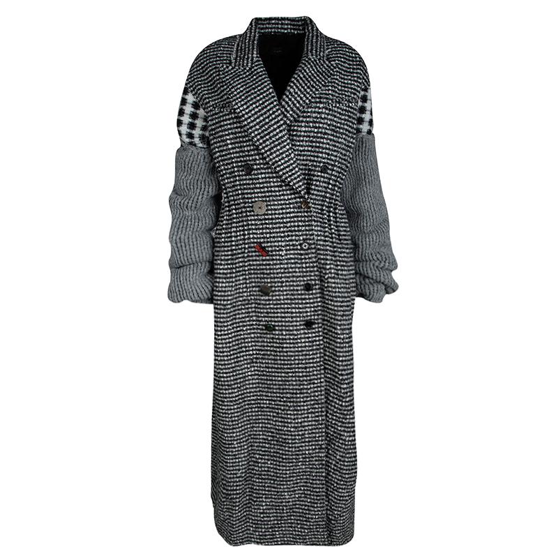 Joseph Grey Check Jersey and Jacquard Wool Al Maxi Overcoat L