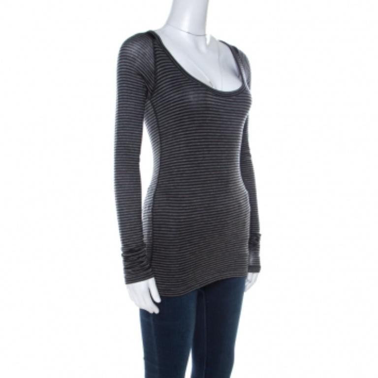 Joseph Grau gestreiftes Tencel Stretch-Strickoberteil mit Rundhalsausschnitt S Damen im Angebot