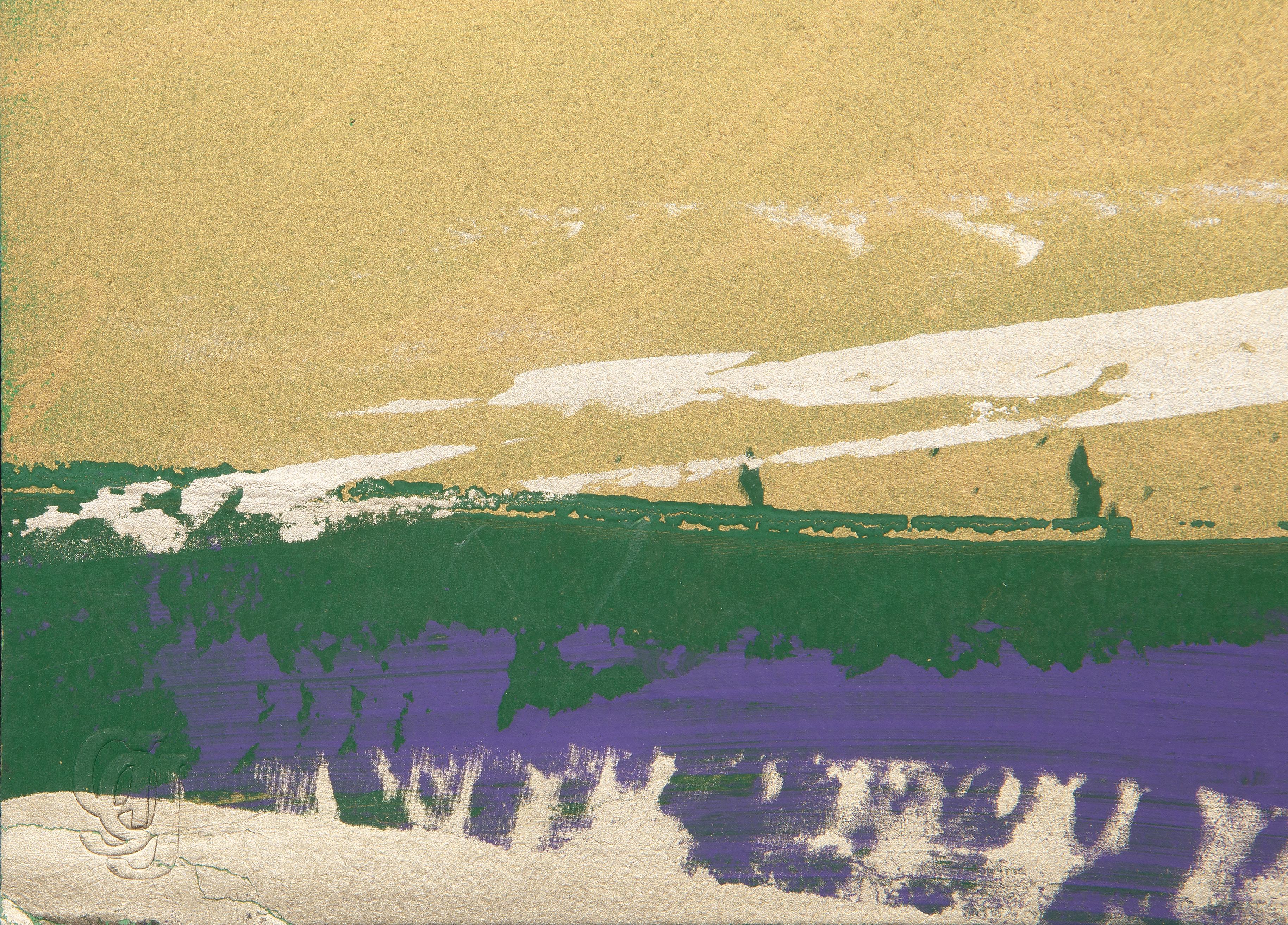 Grüne, goldene, blaue Landschaft – Abstrakter Siebdruck Monodruck von Joseph Grippi im Angebot 1