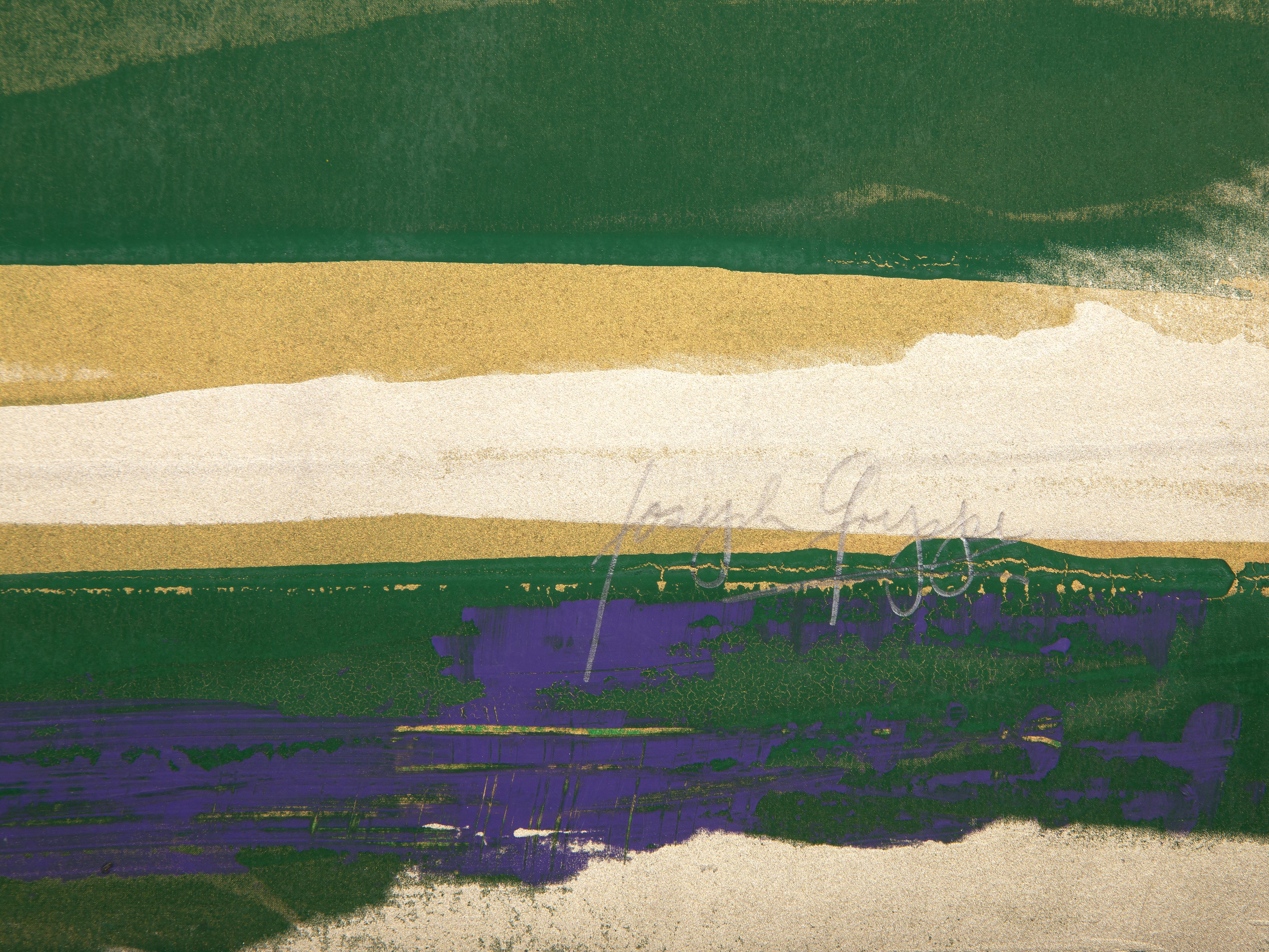 Grüne, goldene, blaue Landschaft – Abstrakter Siebdruck Monodruck von Joseph Grippi im Angebot 3