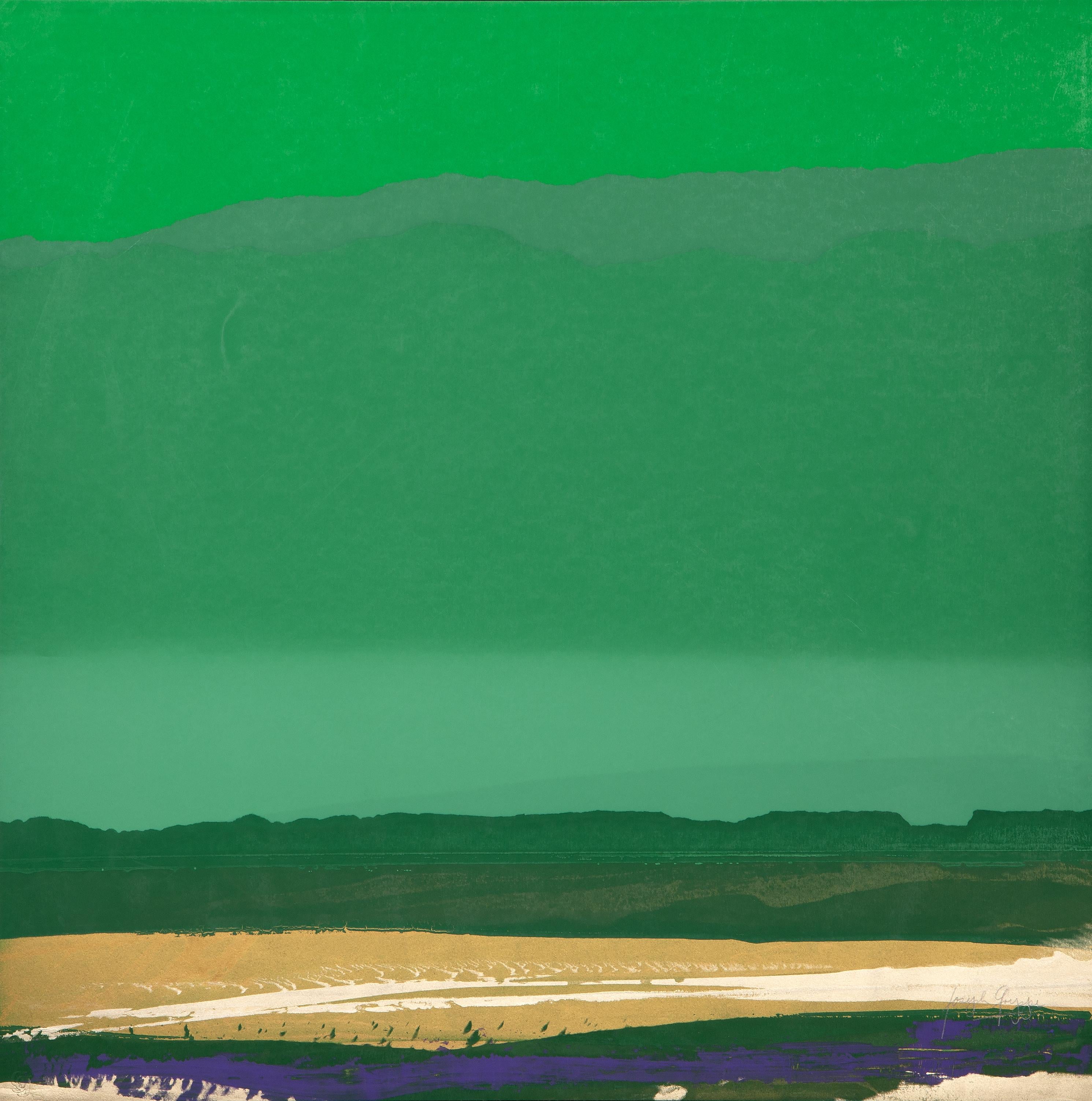 Grün, Gold, Blau Landschaft
Joseph Grippi, Amerikaner (1924-2001)
Siebdruck Monoprint, rechts unten mit Bleistift signiert
Größe: 30 x 30 Zoll (76,2 x 76,2 cm)
