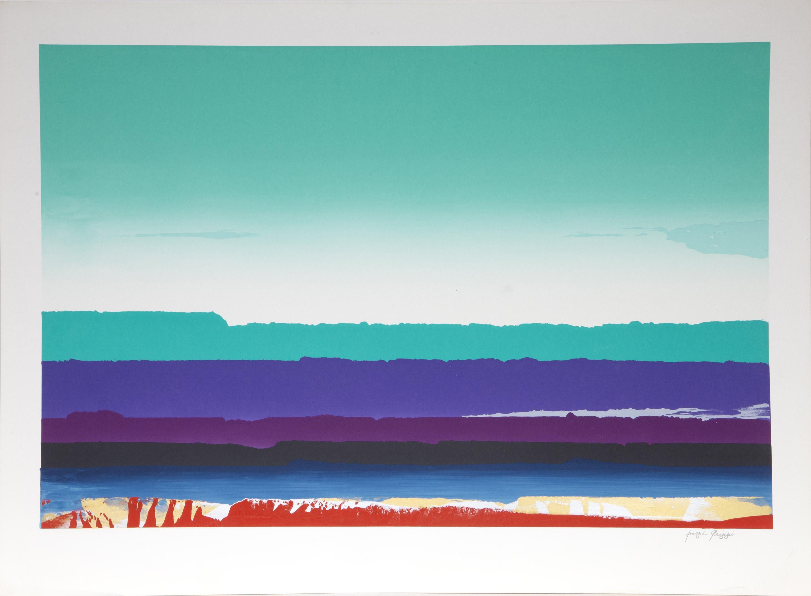 Paysage en vert, bleu et violet
Joseph Grippi, Américain (1924-2001)
Sérigraphie, signée au crayon
Taille de l'image : 20 x 30 pouces
Taille : 24.5 x 33.25 in. (62.23 x 84.46 cm)