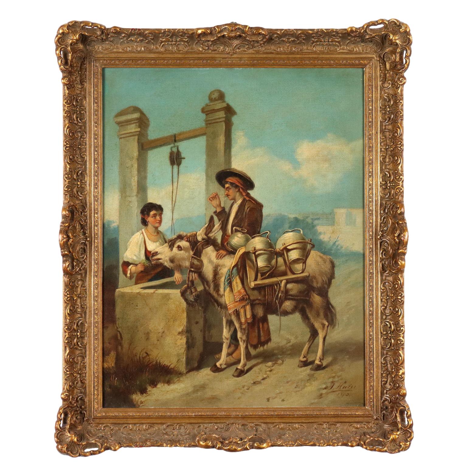 Figurative Painting di Joseph Haier - Corteggiamento al Pozzo 1873