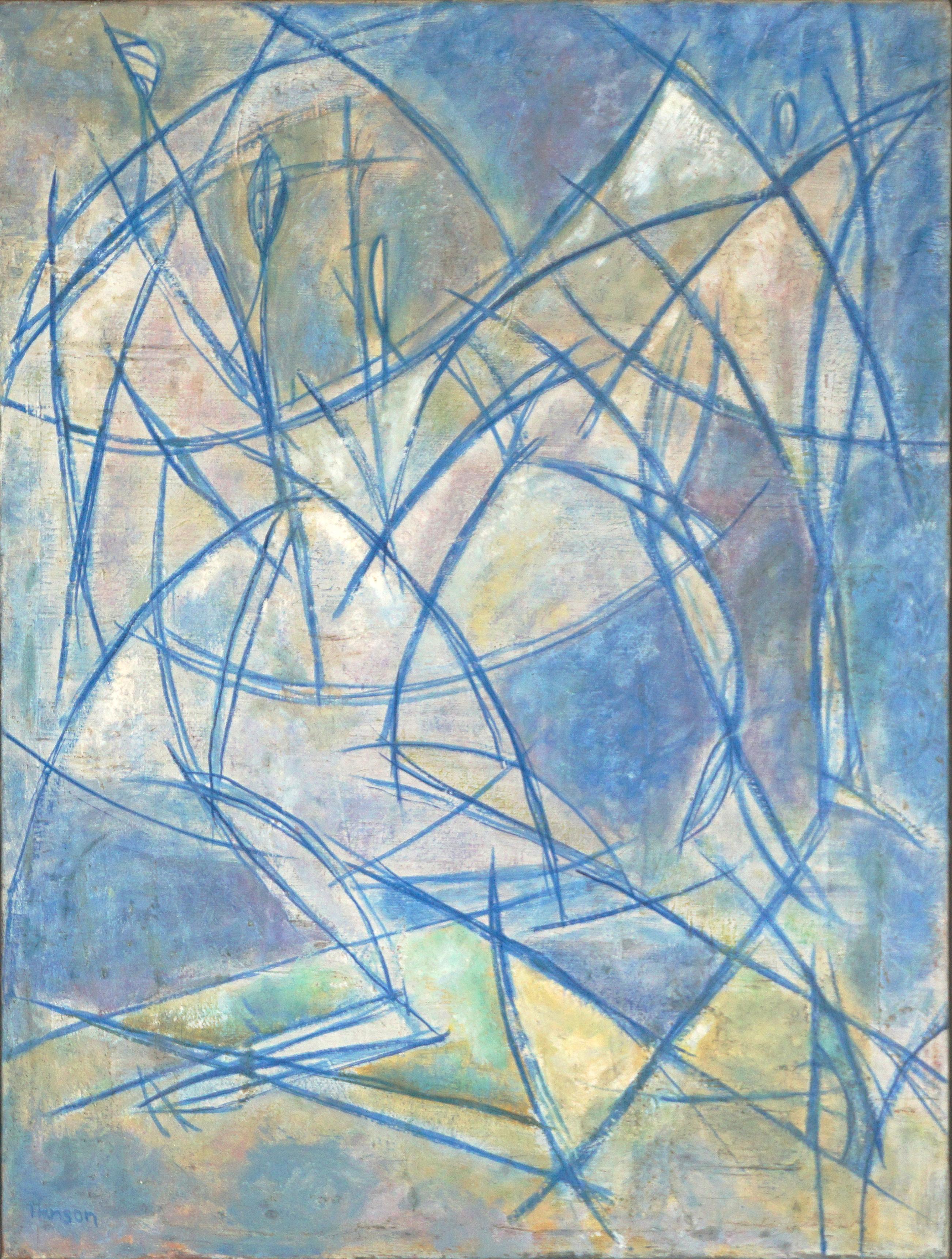 Mid Century Original Cubist Abstract Oil Painting -- Sailing on the Bay - Gray Abstract Painting by Joseph Hanson