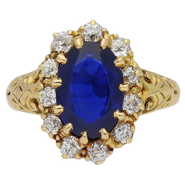 Joseph Harris Antique Natural Burmese Sapphire Diamond Cluster Ring For Sale