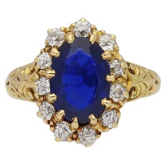 Joseph Harris, bague grappe ancienne en saphir de Birmanie naturel et diamants