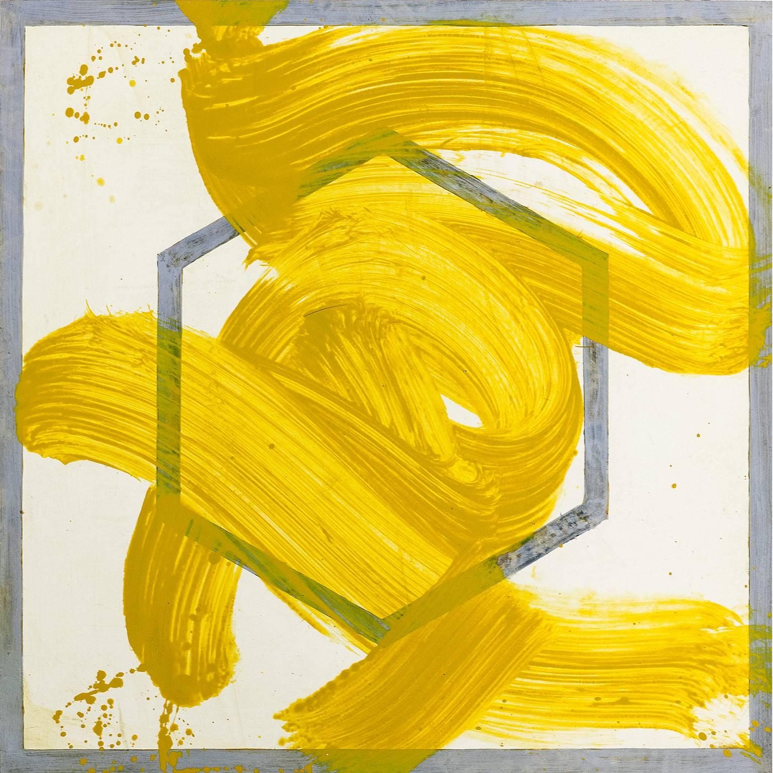 "REO Four", expressionistic painting on paper, geometric, Indian yellow, gray. - Art by Joseph Haske