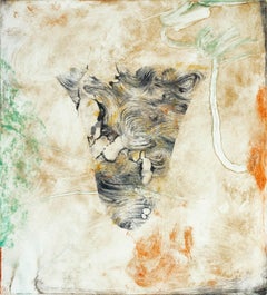 "Siren VI", Italianate painterly monoprint in black, umber, sea green, orange.