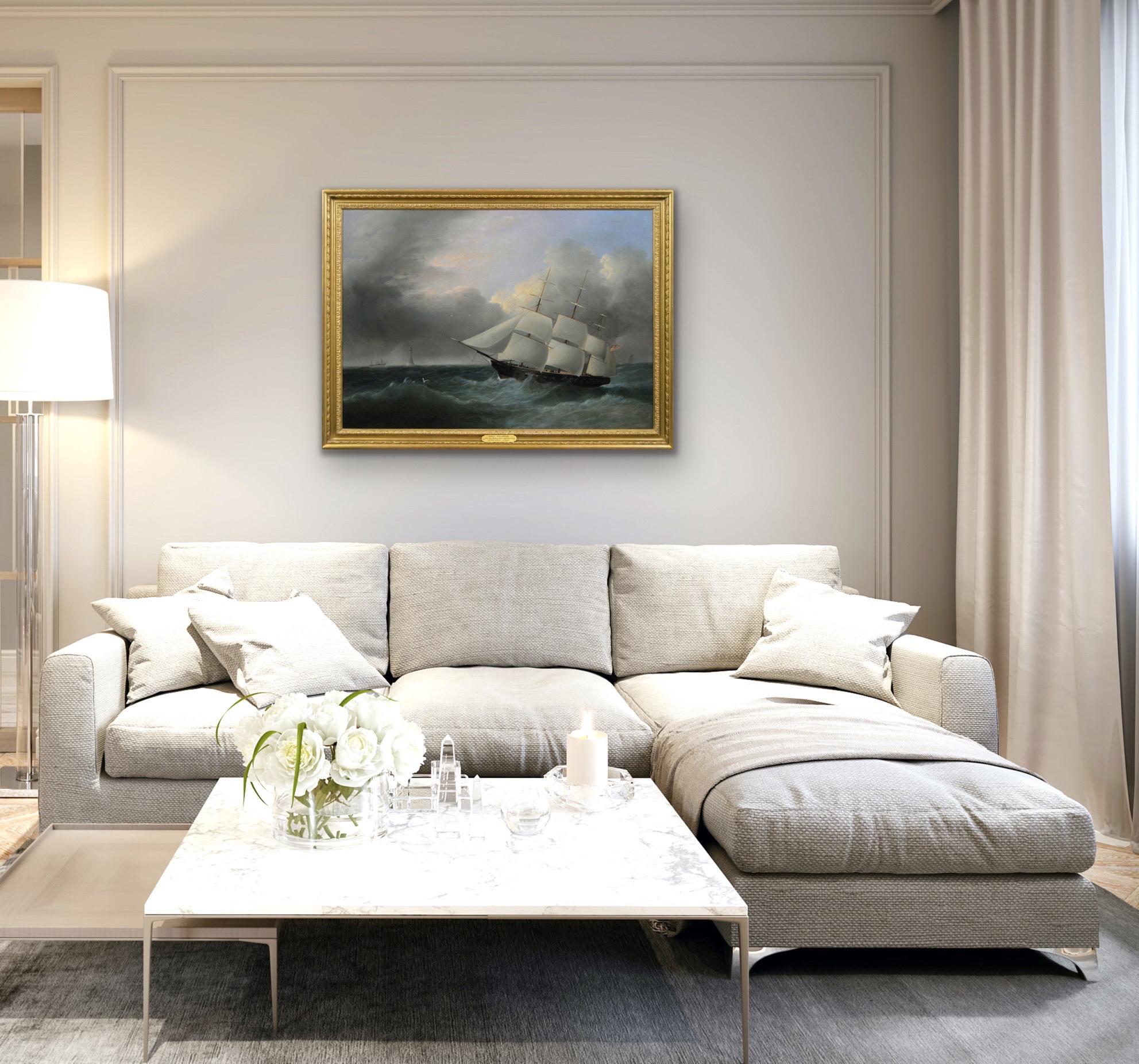 Peinture à l'huile marine du XIXe siècle représentant une barque naviguant au large du phare d'Eddystone en vente 7