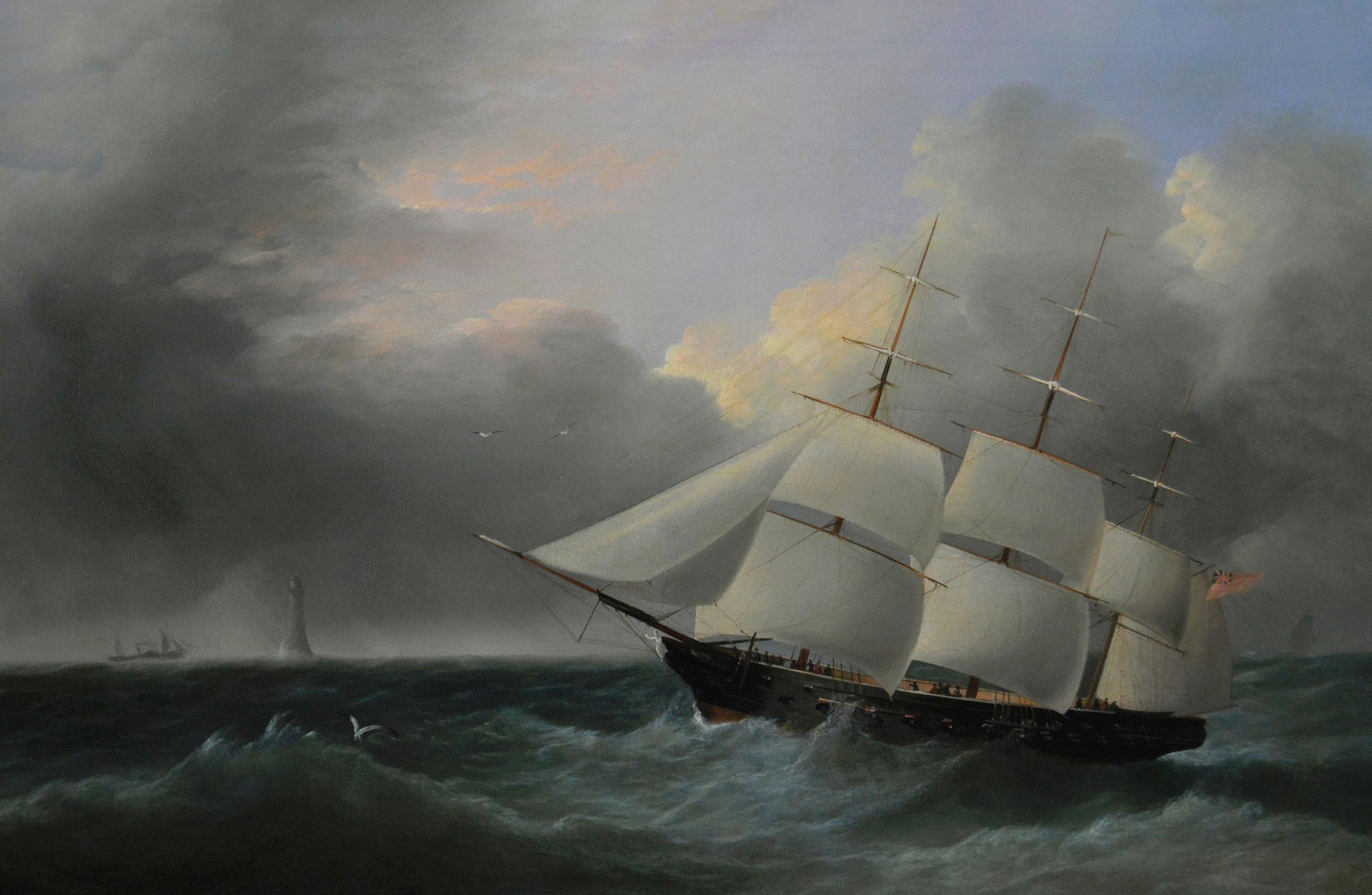 Peinture à l'huile marine du XIXe siècle représentant une barque naviguant au large du phare d'Eddystone - Painting de Joseph Heard