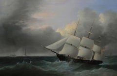 19th Century marine oil painting of a barque sailing off Eddystone Lighthouse