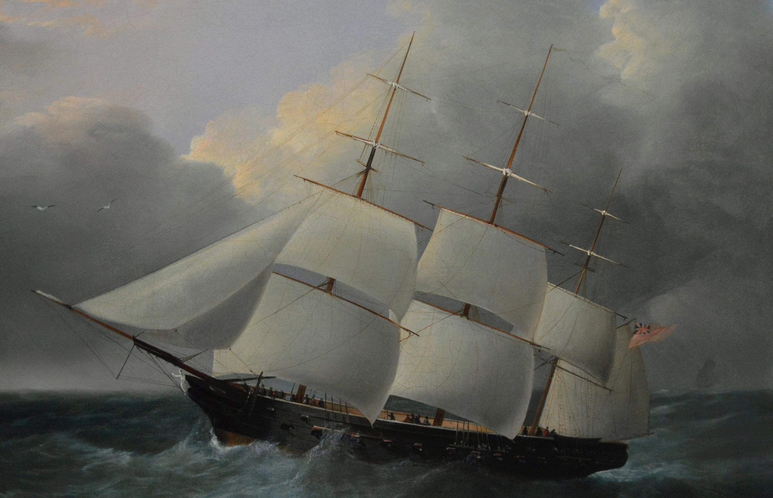 Peinture à l'huile marine du XIXe siècle représentant une barque naviguant au large du phare d'Eddystone - Gris Landscape Painting par Joseph Heard