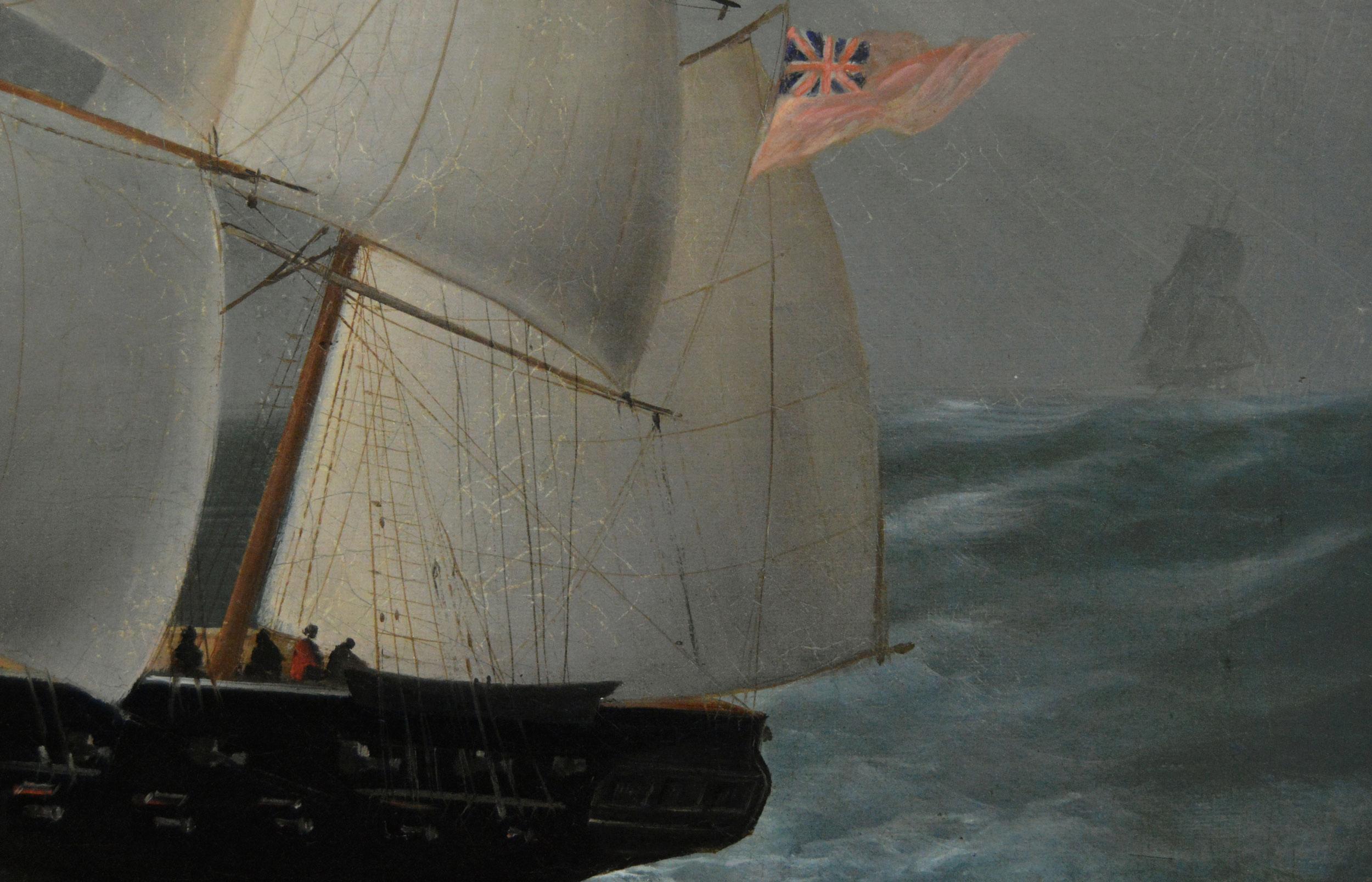 Peinture à l'huile marine du XIXe siècle représentant une barque naviguant au large du phare d'Eddystone en vente 1