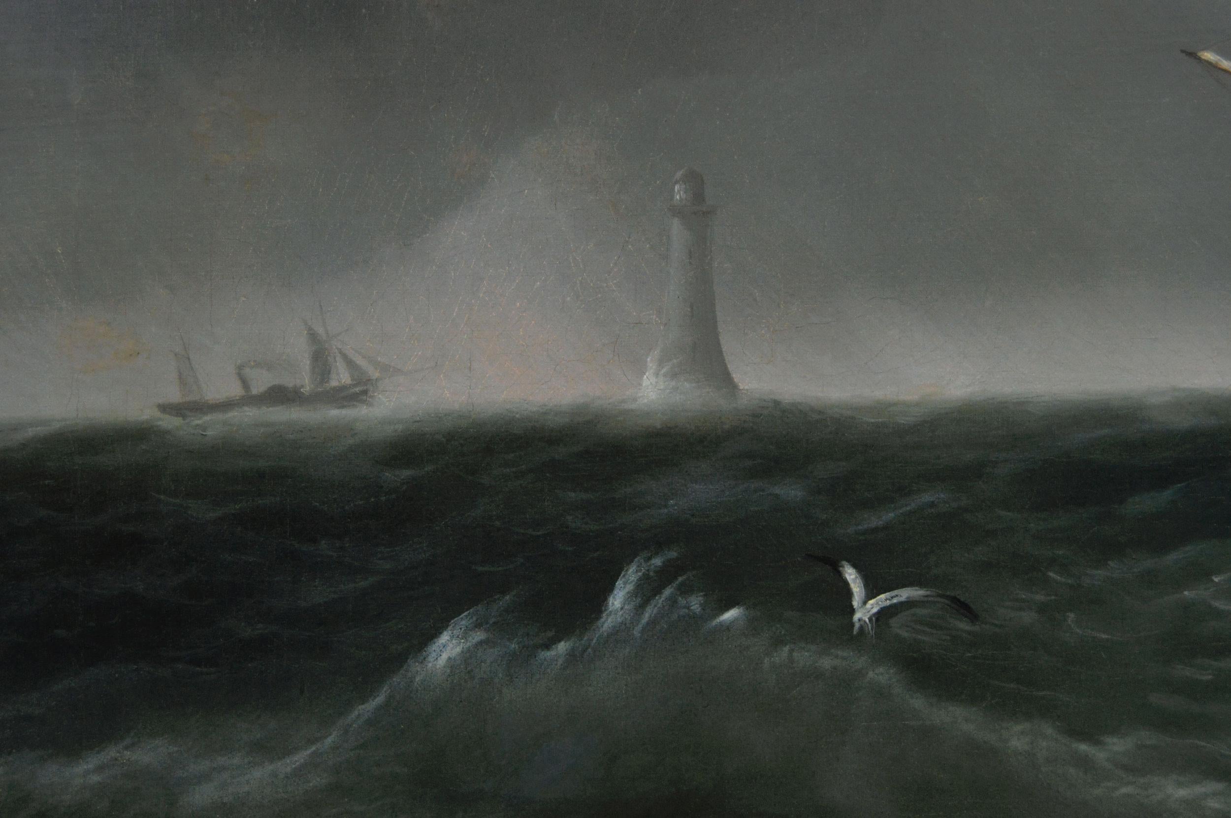 Peinture à l'huile marine du XIXe siècle représentant une barque naviguant au large du phare d'Eddystone en vente 2