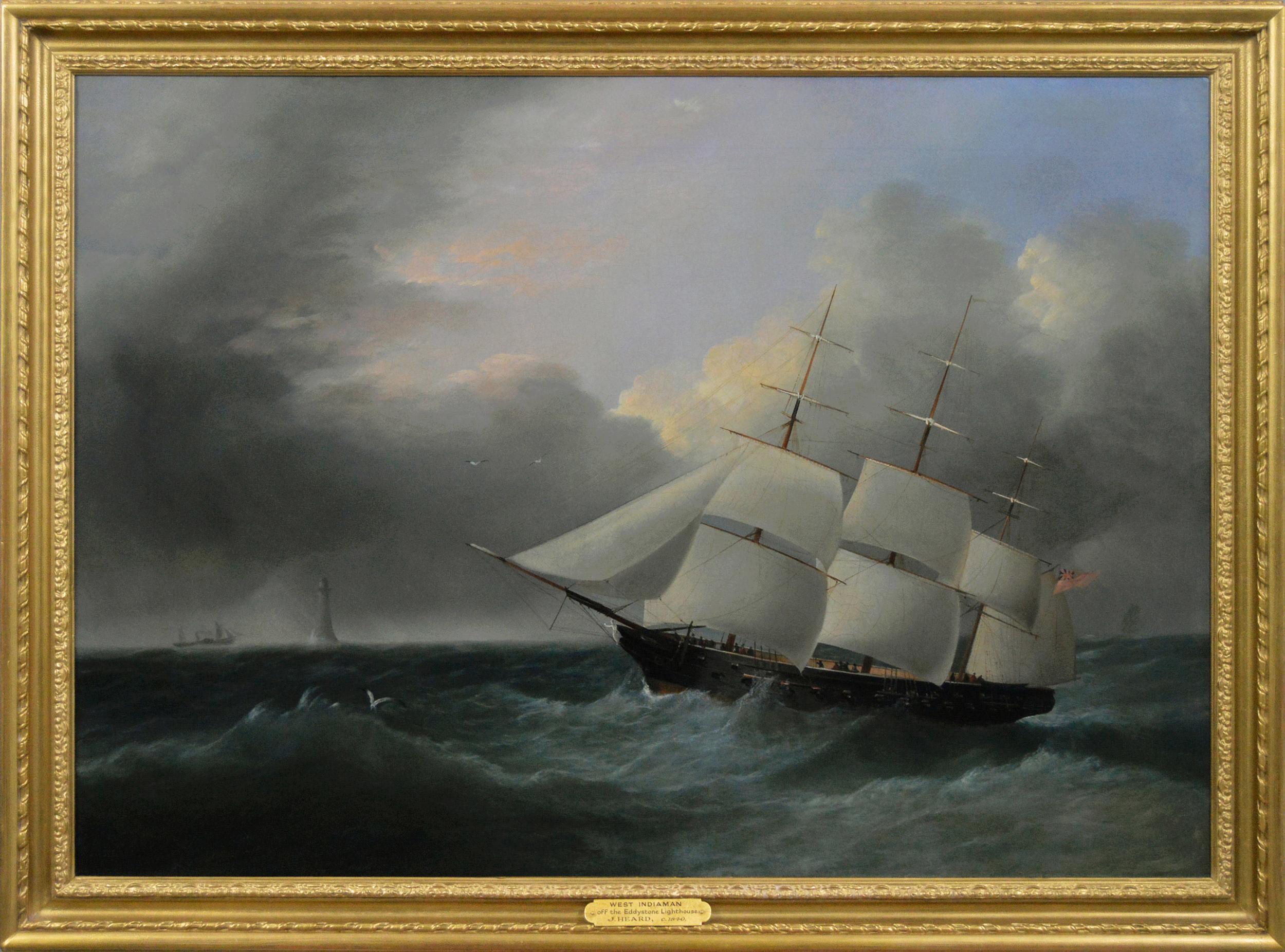 Marine-Ölgemälde einer Barque, die vor dem Leuchtturm von Eddystone segelt, 19. Jahrhundert