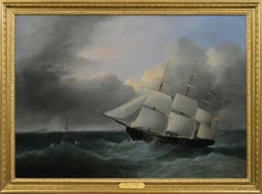 Antique 19th Century marine oil painting of a barque sailing off Eddystone Lighthouse