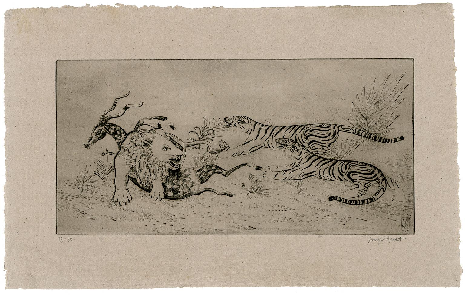 Lion Dfendant sa Proie (Lion schützt sein Beute) – Print von Joseph Hecht