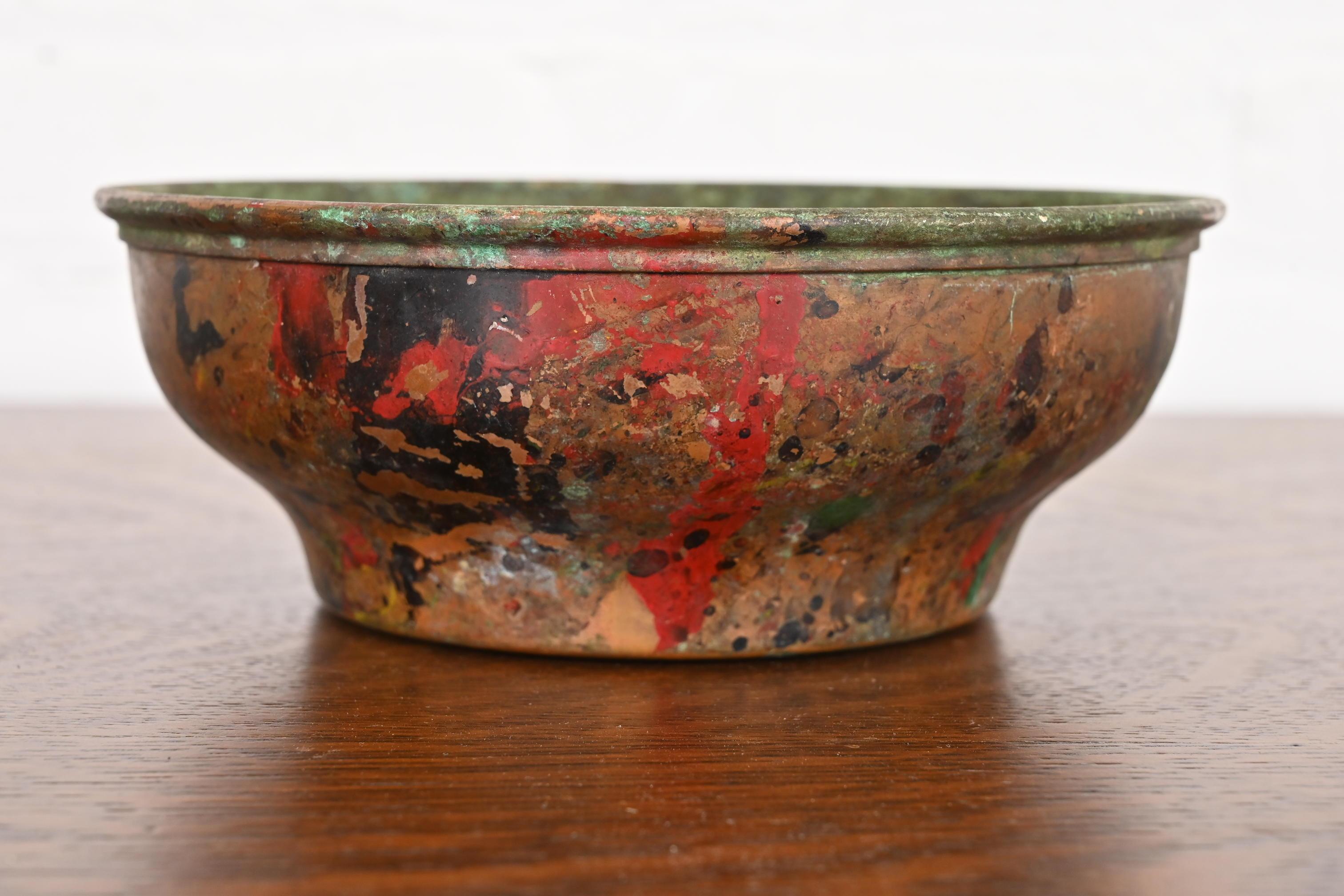 A fantastic Arts & Crafts painted copper bowl

By Joseph Heinrichs

USA, Early 20th Century

Measures: 8.13