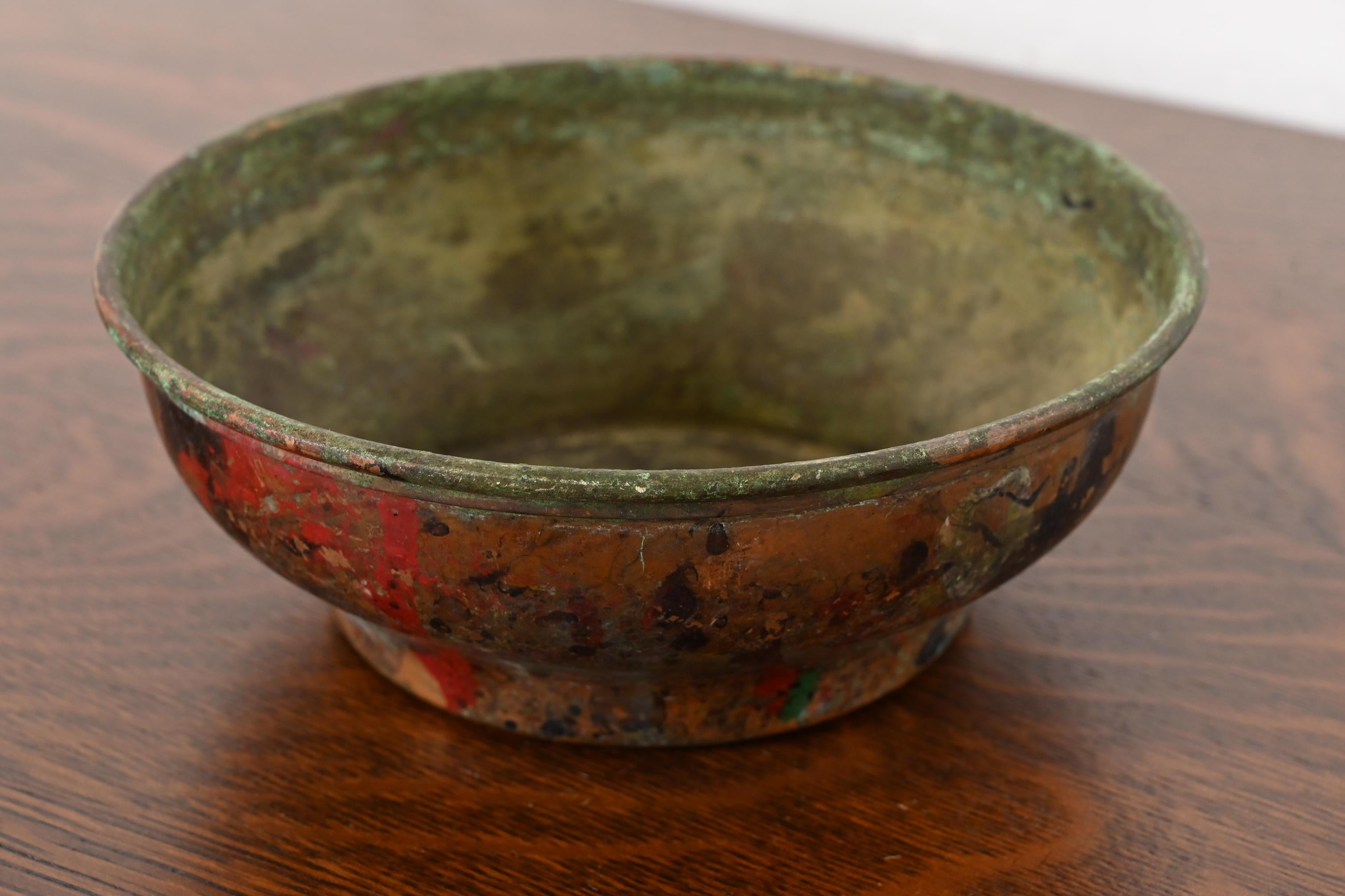Joseph Heinrichs Arts and Crafts Painted Copper Bowl In Good Condition In South Bend, IN