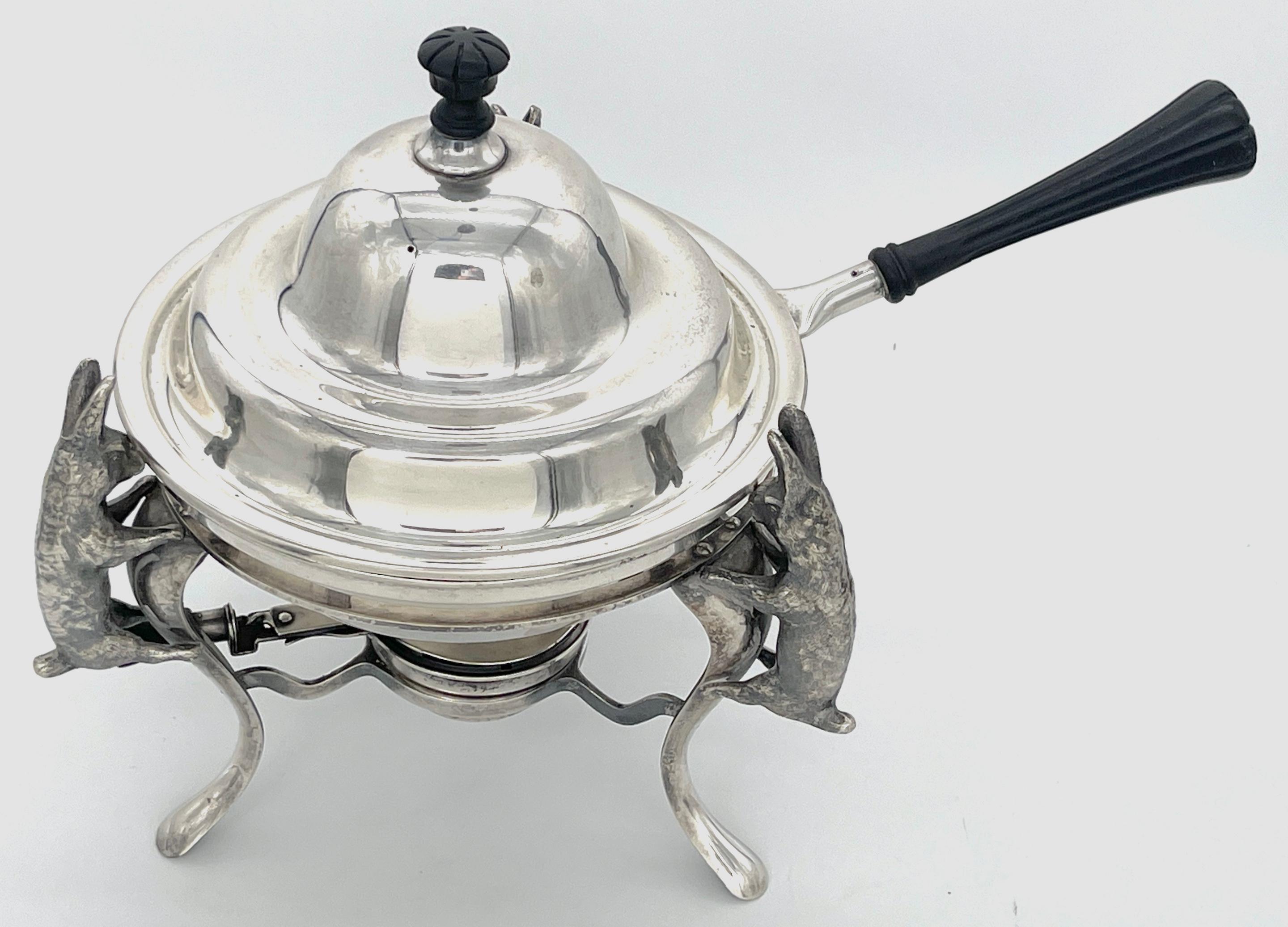 Joseph Heinrichs Silverplated & Ebony 3-D Rabbit Chafing Dish, Circa 1904
A remarkable Joseph Heinrichs Silverplated & Ebony Three dimensional  Rabbit Chafing Dish, dating back to approximately 1904. This iconic piece highlights Joseph Heinrichs'