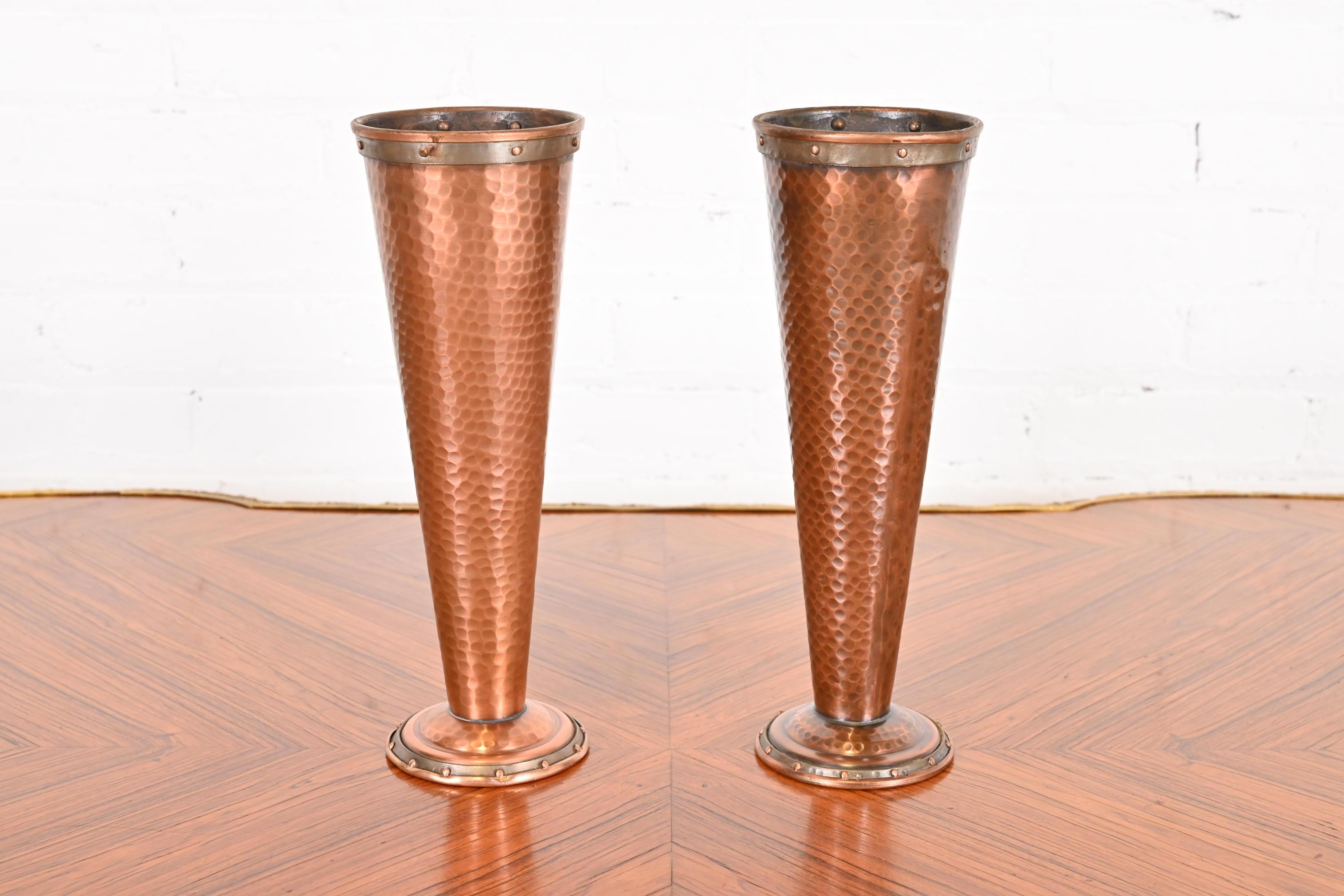 Joseph Heinrichs Style Arts and Crafts Hand-Hammered Copper Vases, Pair For Sale 7