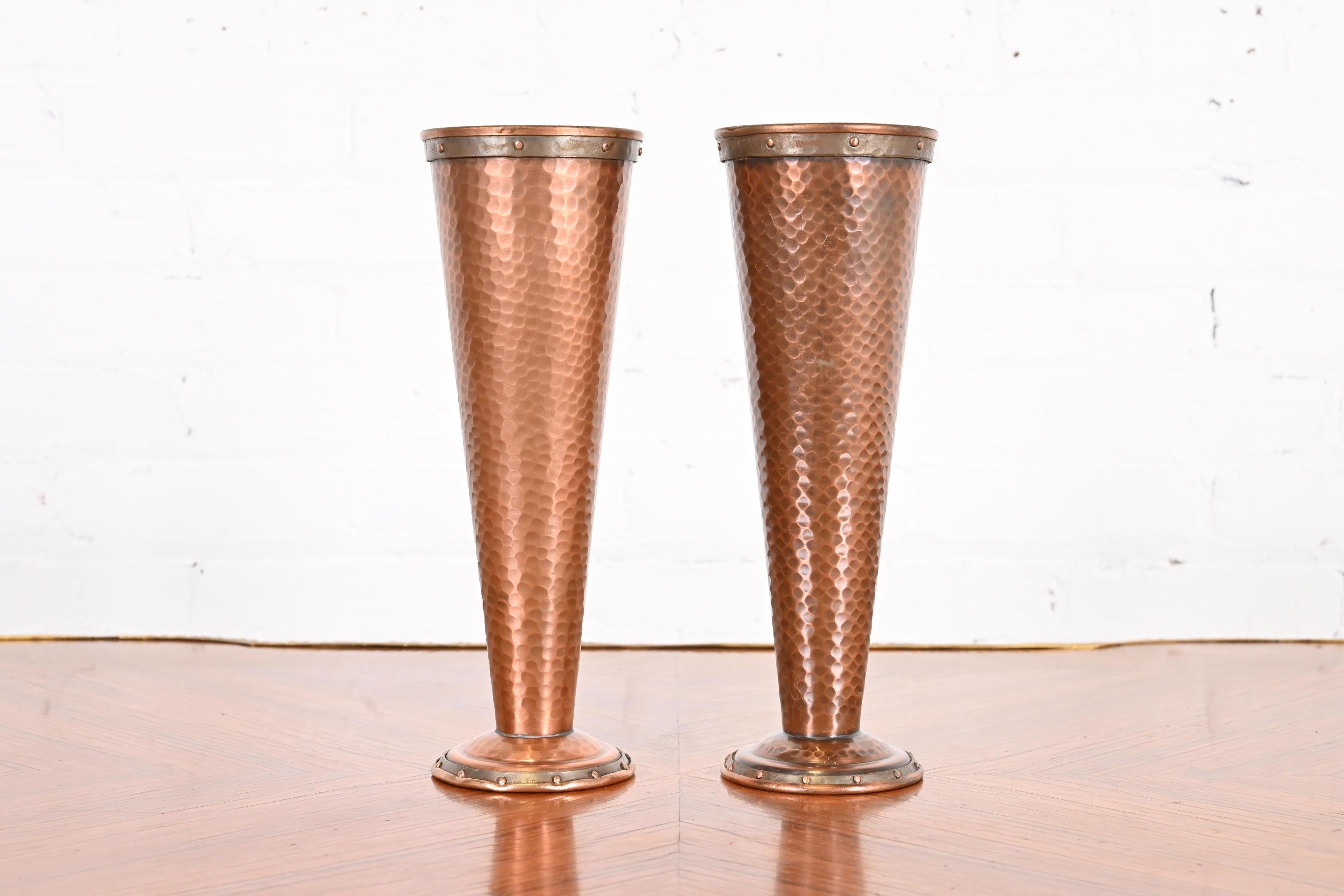American Joseph Heinrichs Style Arts and Crafts Hand-Hammered Copper Vases, Pair For Sale
