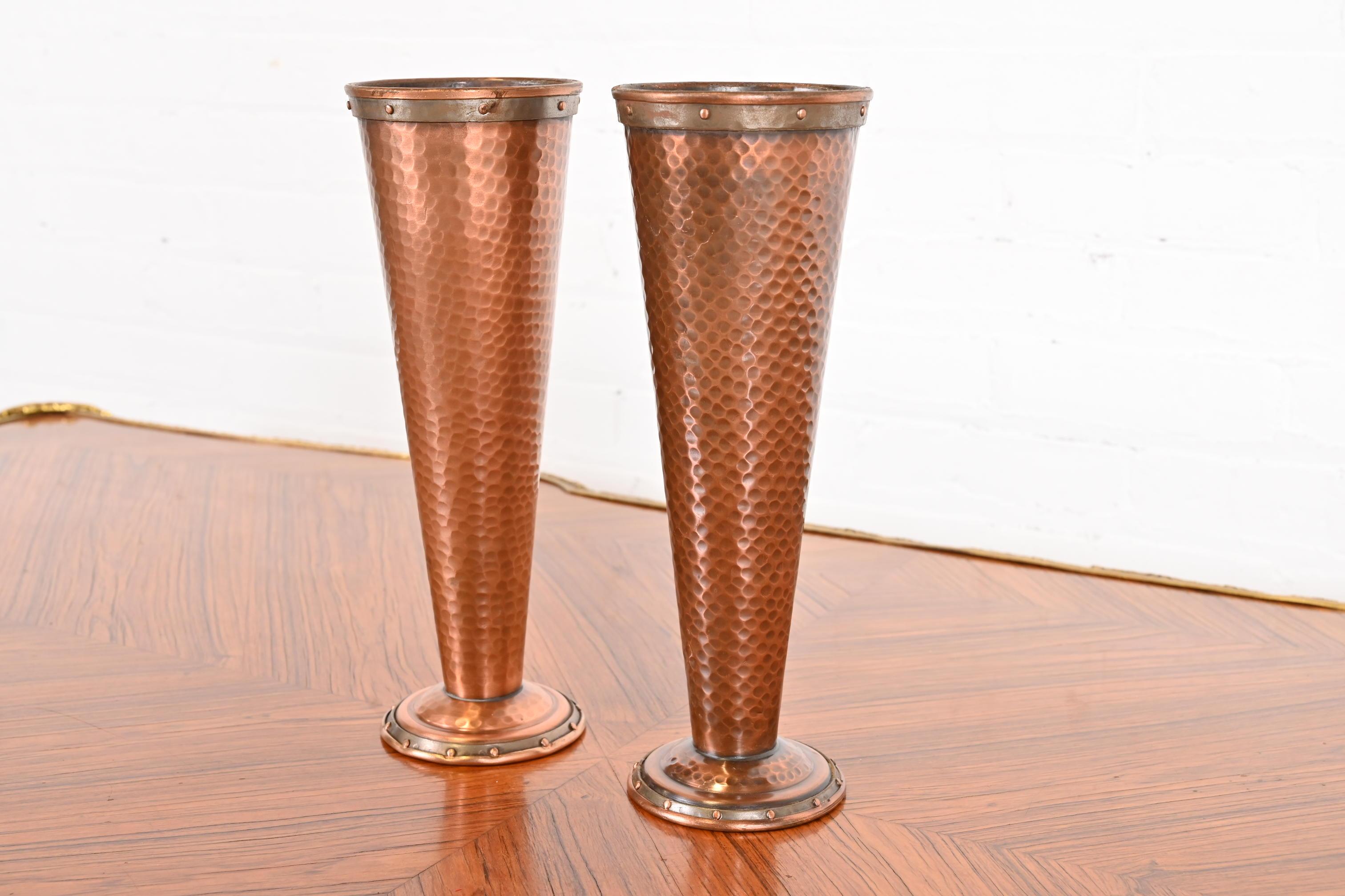 20th Century Joseph Heinrichs Style Arts and Crafts Hand-Hammered Copper Vases, Pair For Sale