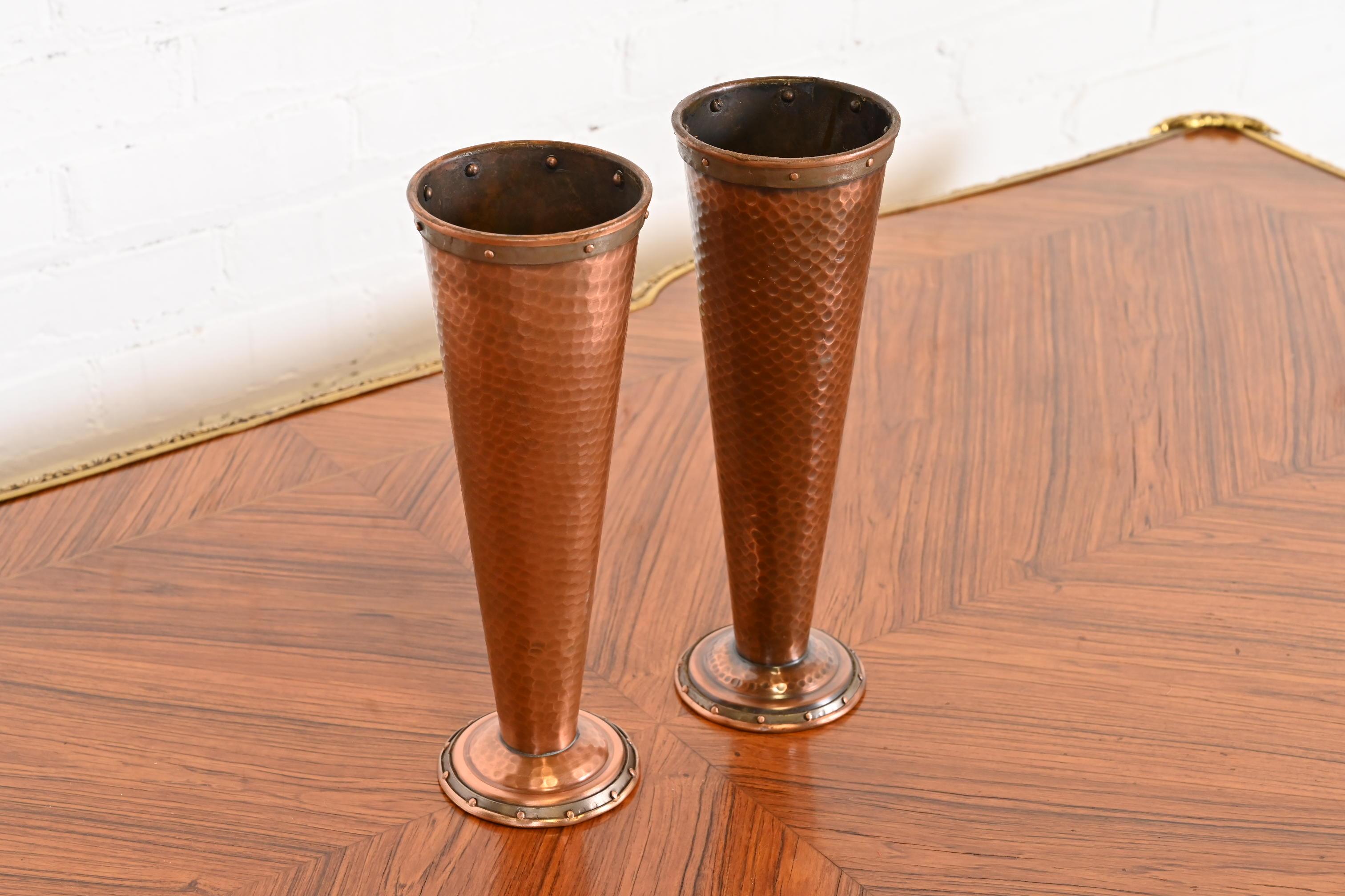 Joseph Heinrichs Style Arts and Crafts Hand-Hammered Copper Vases, Pair For Sale 1