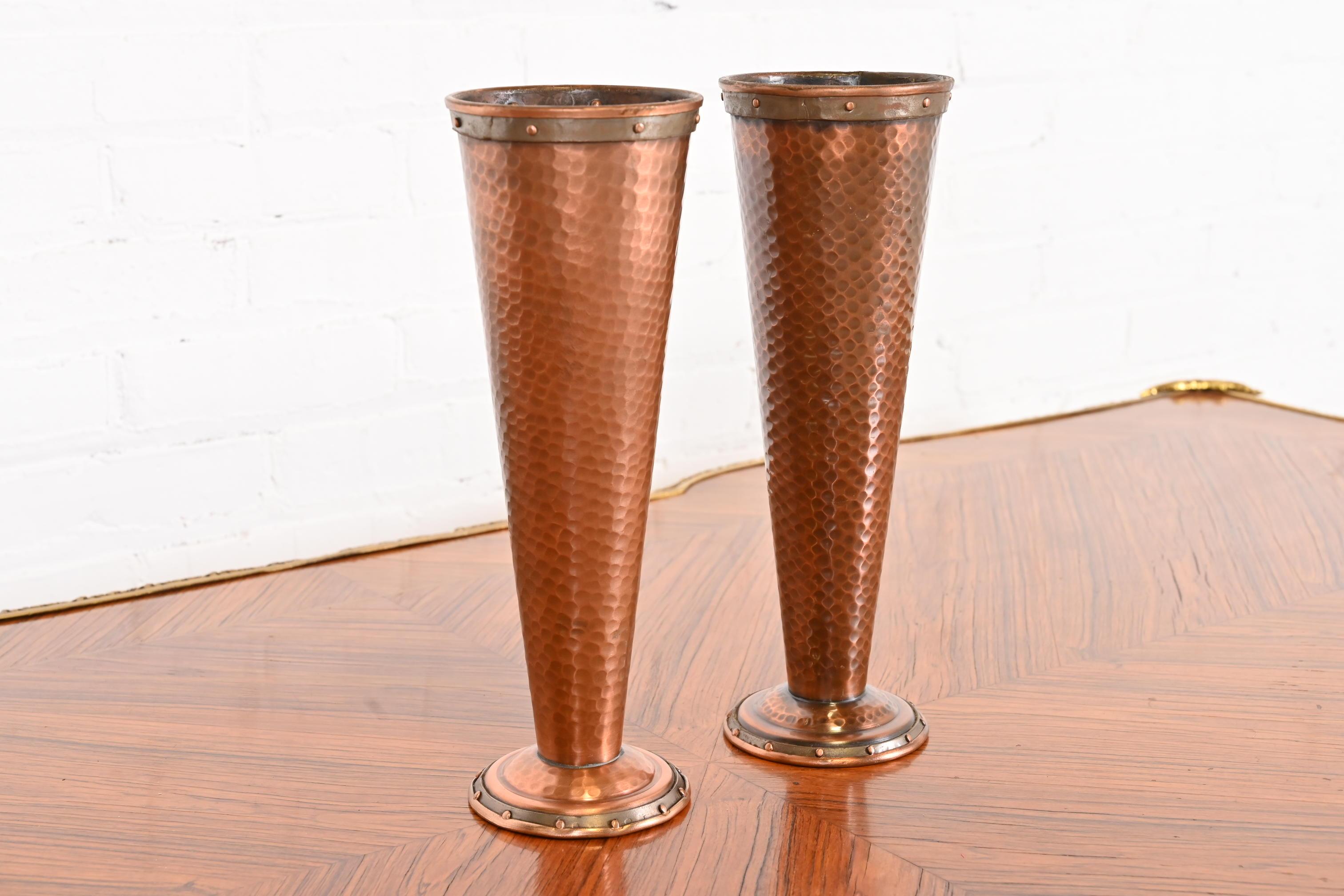 Joseph Heinrichs Style Arts and Crafts Hand-Hammered Copper Vases, Pair For Sale 2