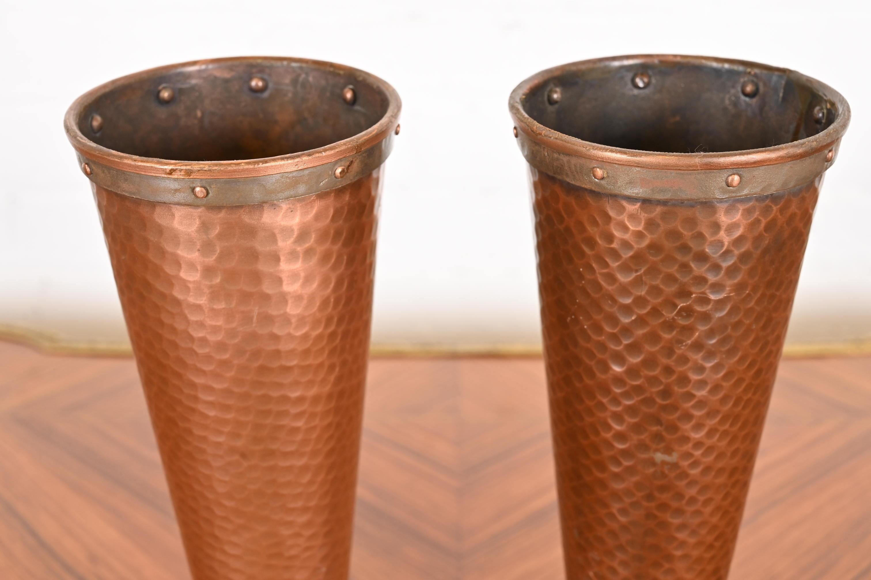 Joseph Heinrichs Style Arts and Crafts Hand-Hammered Copper Vases, Pair For Sale 4
