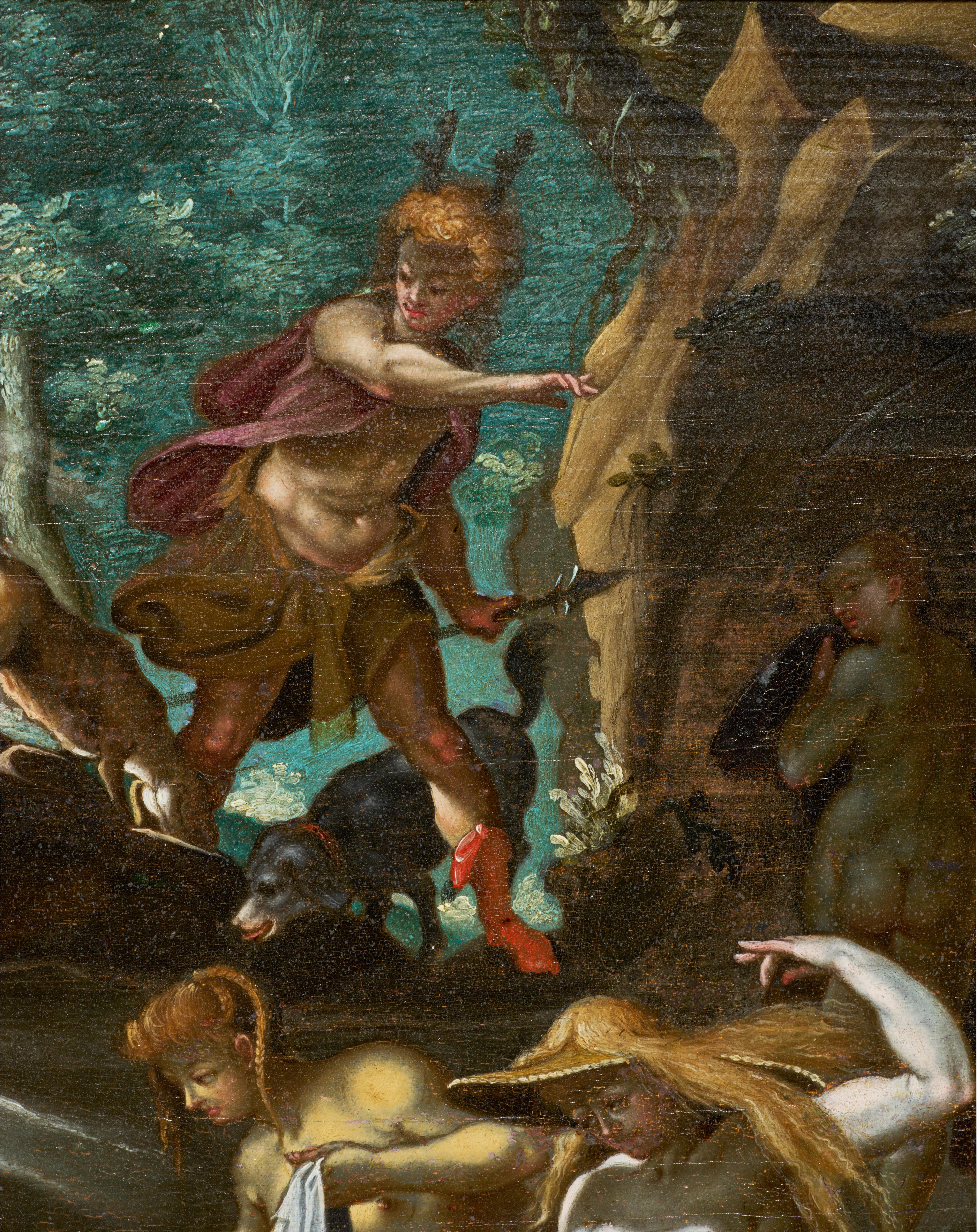 Diana und Actaeon, ein geradliniges Gemälde nach Joseph Heintz, dem Älteren (Braun), Figurative Painting, von Joseph Heintz the Elder