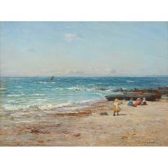 19th century Scottish Impressionist beach landscape scene with children playing