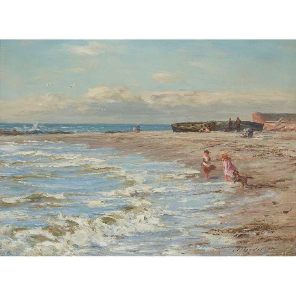 19th century Scottish Impressionist beach landscape scene with children playing - Painting by Joseph Henderson R.S.W