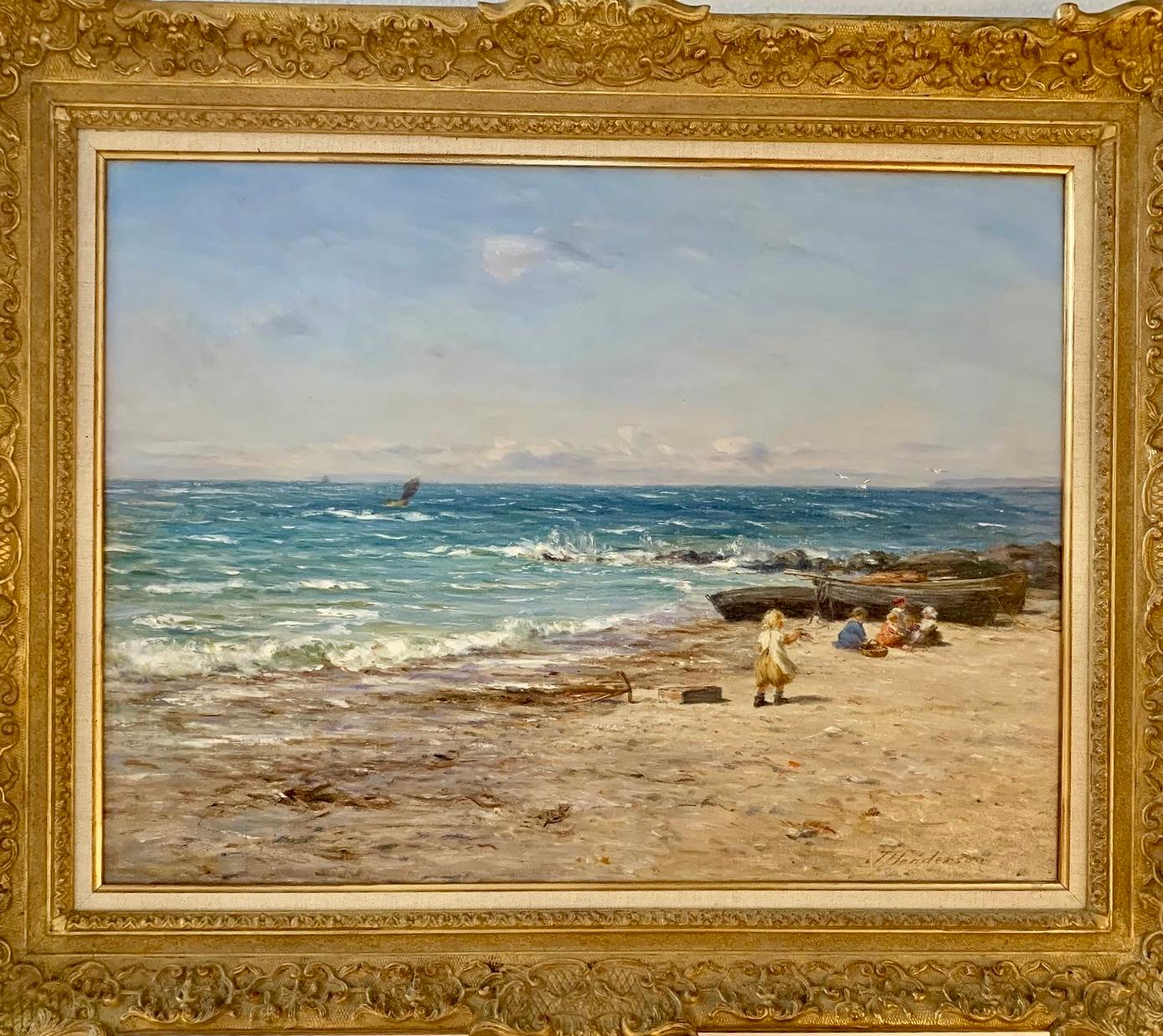 Joseph Henderson R.S.W Landscape Painting - 19th century Scottish Impressionist beach landscape scene with children playing