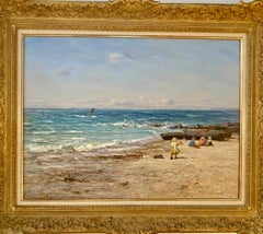 Paysage de plage impressionniste écossais du 19e siècle avec enfants jouant