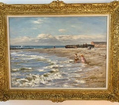 19th century Scottish Impressionist beach landscape scene with children playing