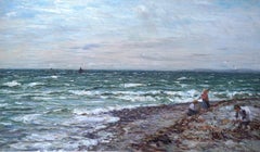 Coastal Seascape with Children - Scottish Victorian figurative art oil painting