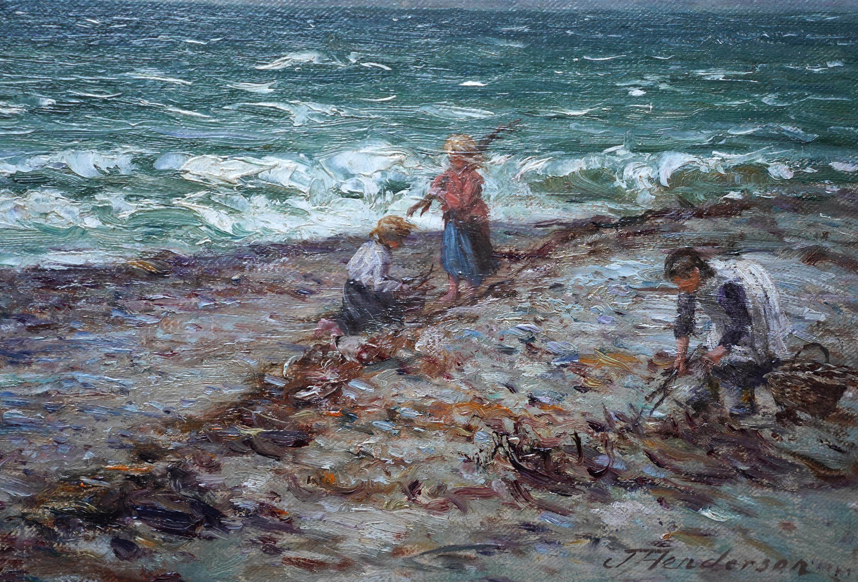 Küstenlandschaft mit Kindern - Schottisches figuratives �Ölgemälde aus der viktorianischen Kunst (Blau), Landscape Painting, von Joseph Henderson R.S.W