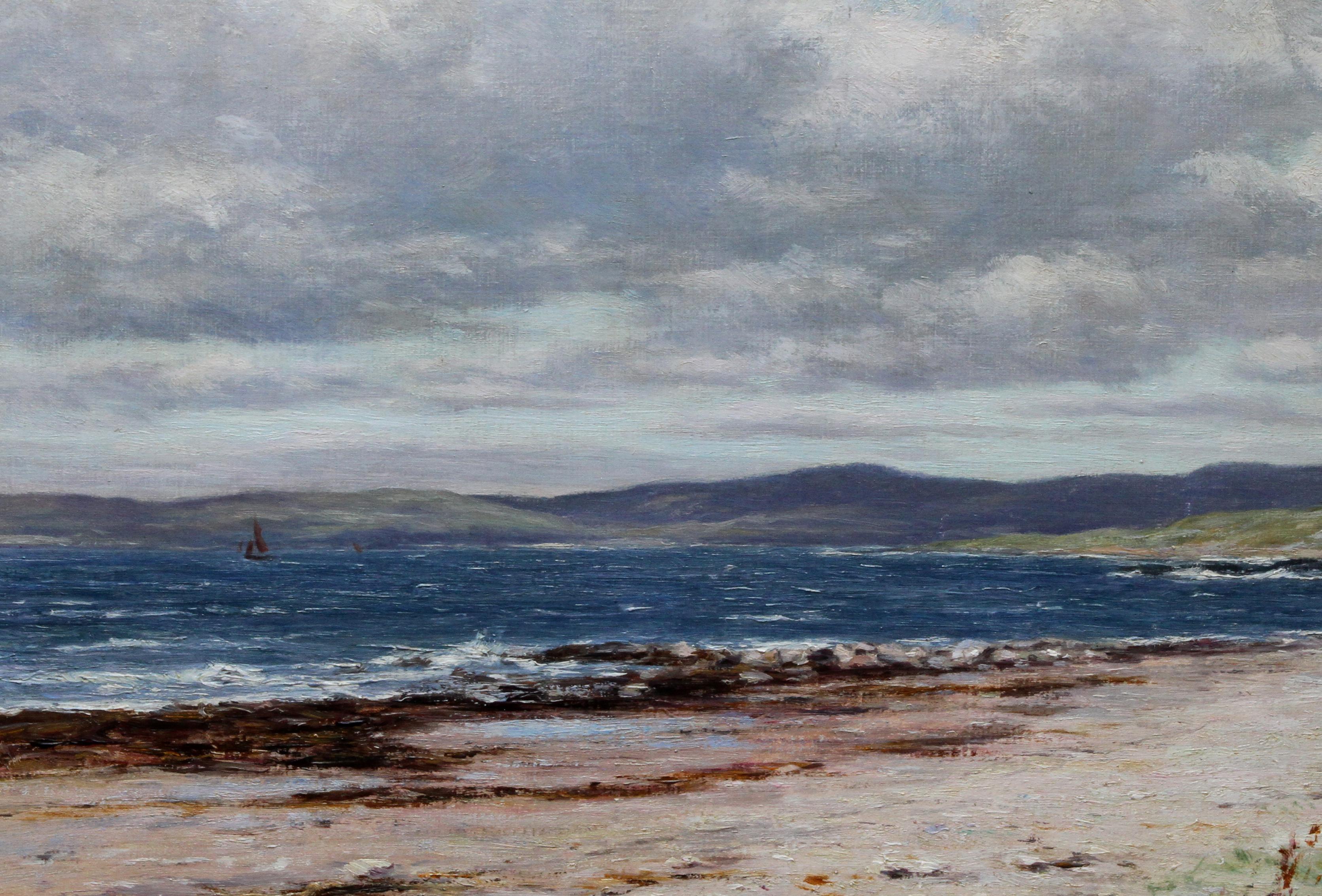Kintyre depuis Arran - Art écossais Peinture à l'huile impressionniste du 19ème siècle - Gris Landscape Painting par Joseph Henderson R.S.W
