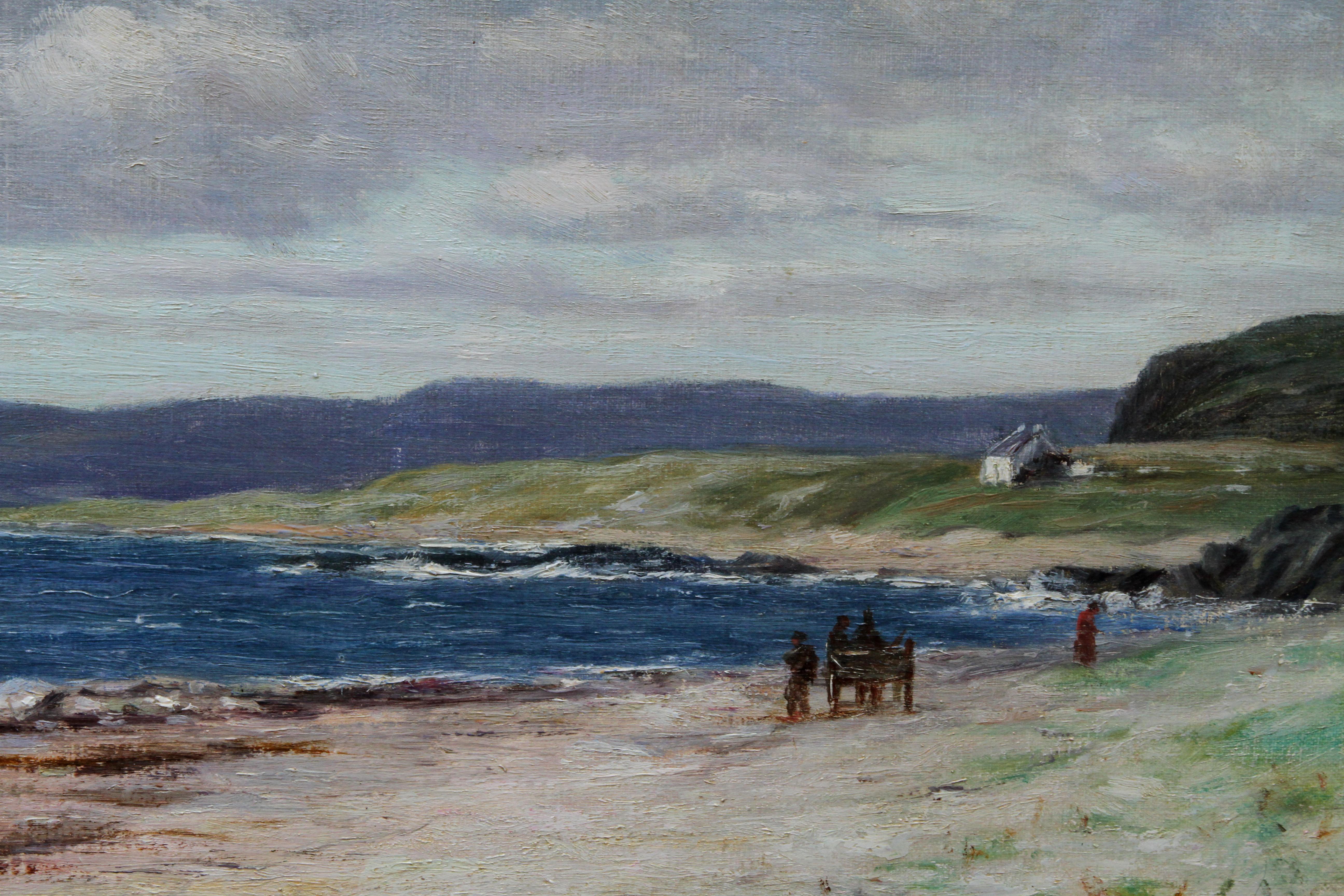 Superbe peinture à l'huile impressionniste écossaise du 19ème siècle:: réalisée par le célèbre artiste écossais Joseph Henderson RSA. Peint vers 1880:: le tableau s'intitule Kintyre from Arran et représente une vue de la plage et du promontoire