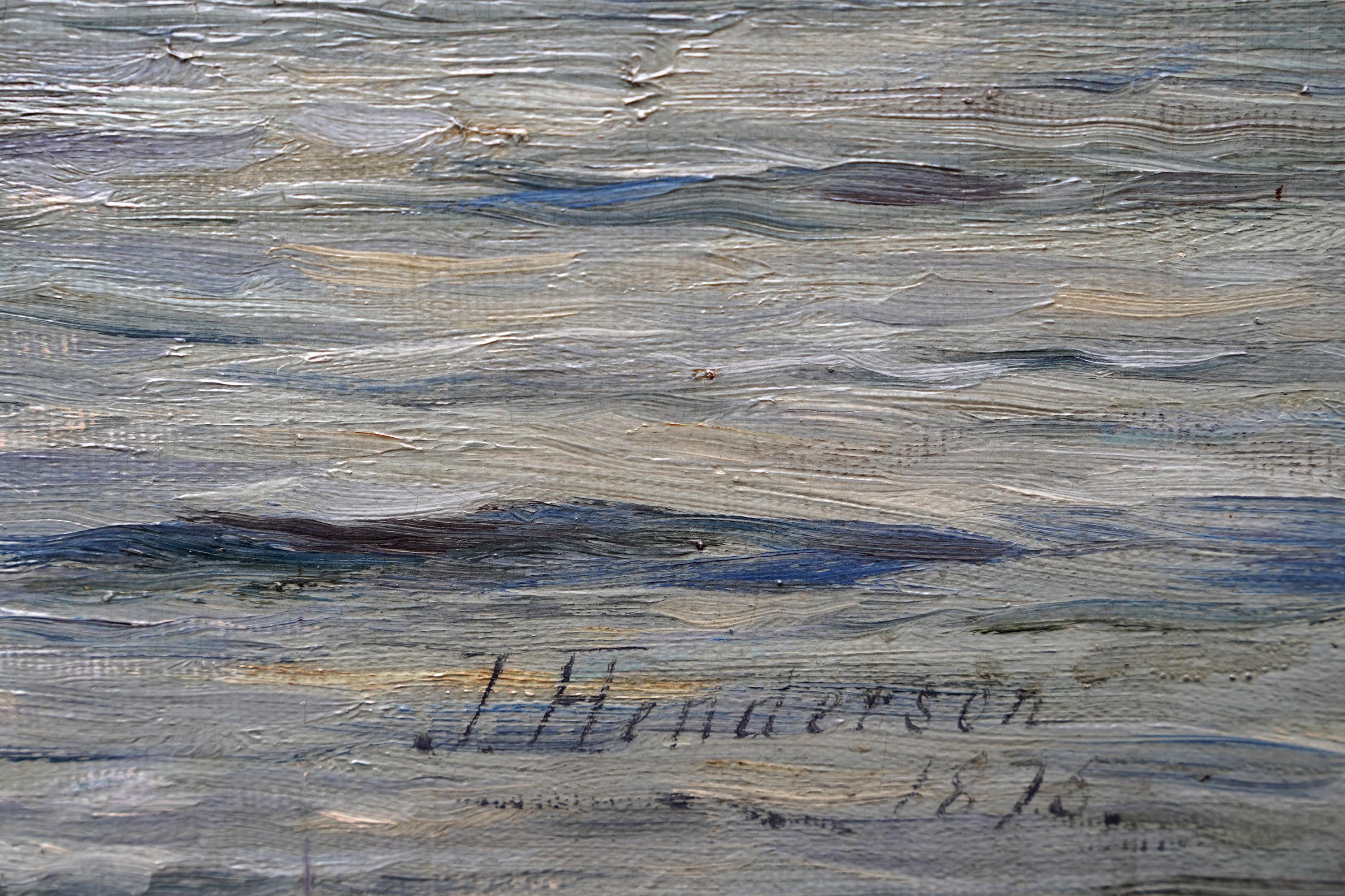 Paesaggio marino con barche e tempesta in arrivo - Quadro ad olio impressionista scozzese del XIX secolo in vendita 6