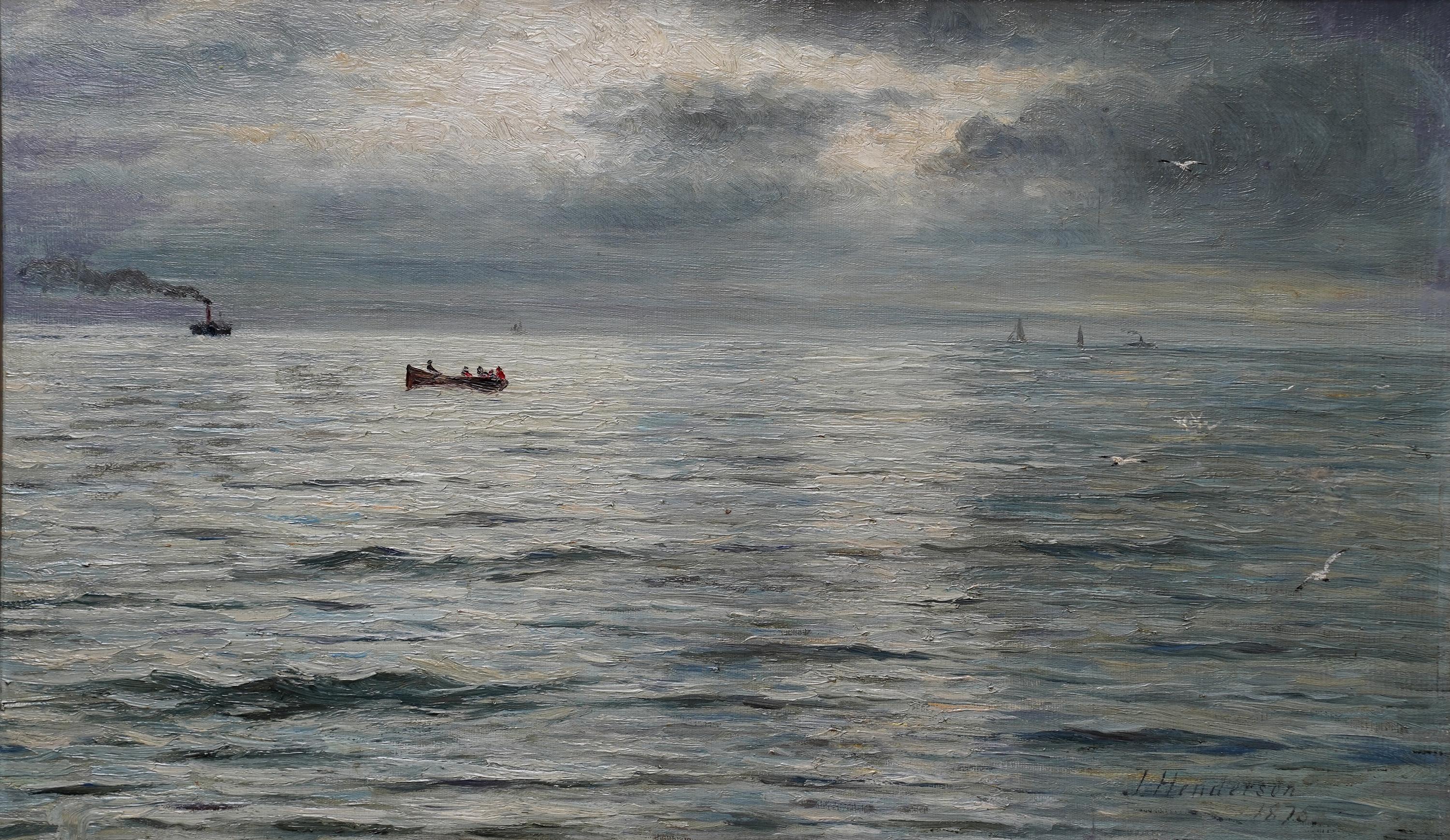 Seascape with Boats Storm Coming - Scottish 19thC exh impressionist oil painting For Sale 9