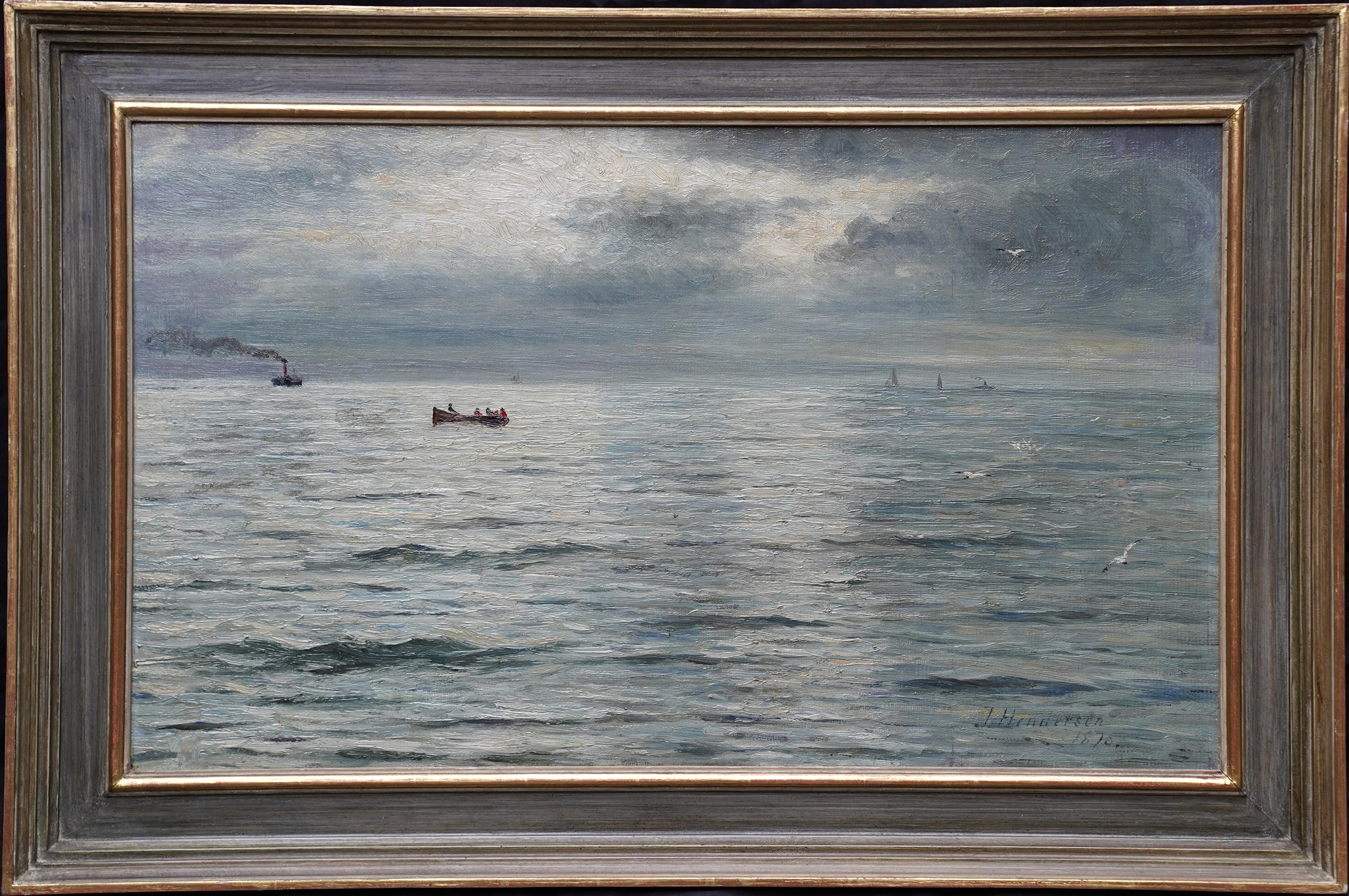 Seascape with Boats Storm Coming - Scottish 19thC exh impressionist oil painting For Sale 10